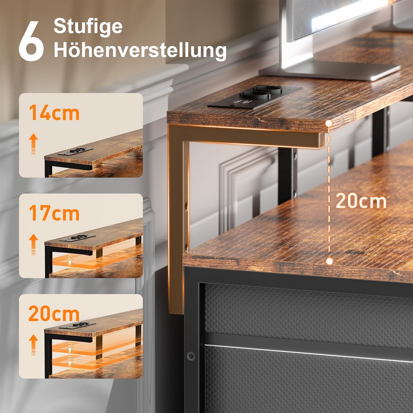 Schreibtisch mit 8 Schubladen, Computertisch mit 2 Steckdosen und 2 USB Ladeanschluss, Bürotisch mit LED und Monitorständer, PC Tisch für Büro, Wohnzimmer, 120 x 50 x 74 cm, Weiß