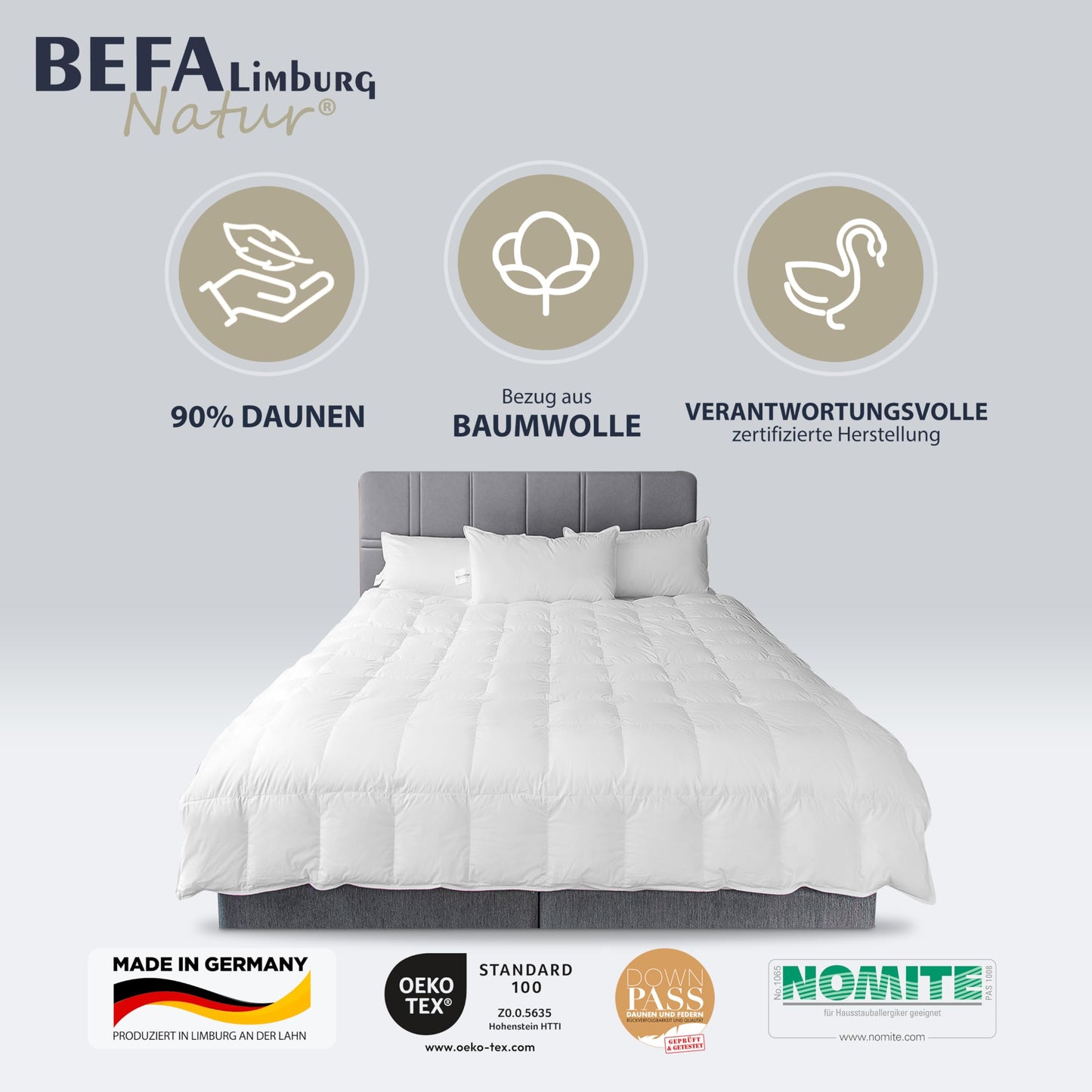 BEFA NATUR Down Duvet, Made in Germany, 135 x 200 cm, 90% Down and 10% Feathers, Summer Duvet, Suitable for Allergy Sufferers (Nomite), Oeko-Tex 100 Class 1 Certified, EN Standard 12934, Downpass