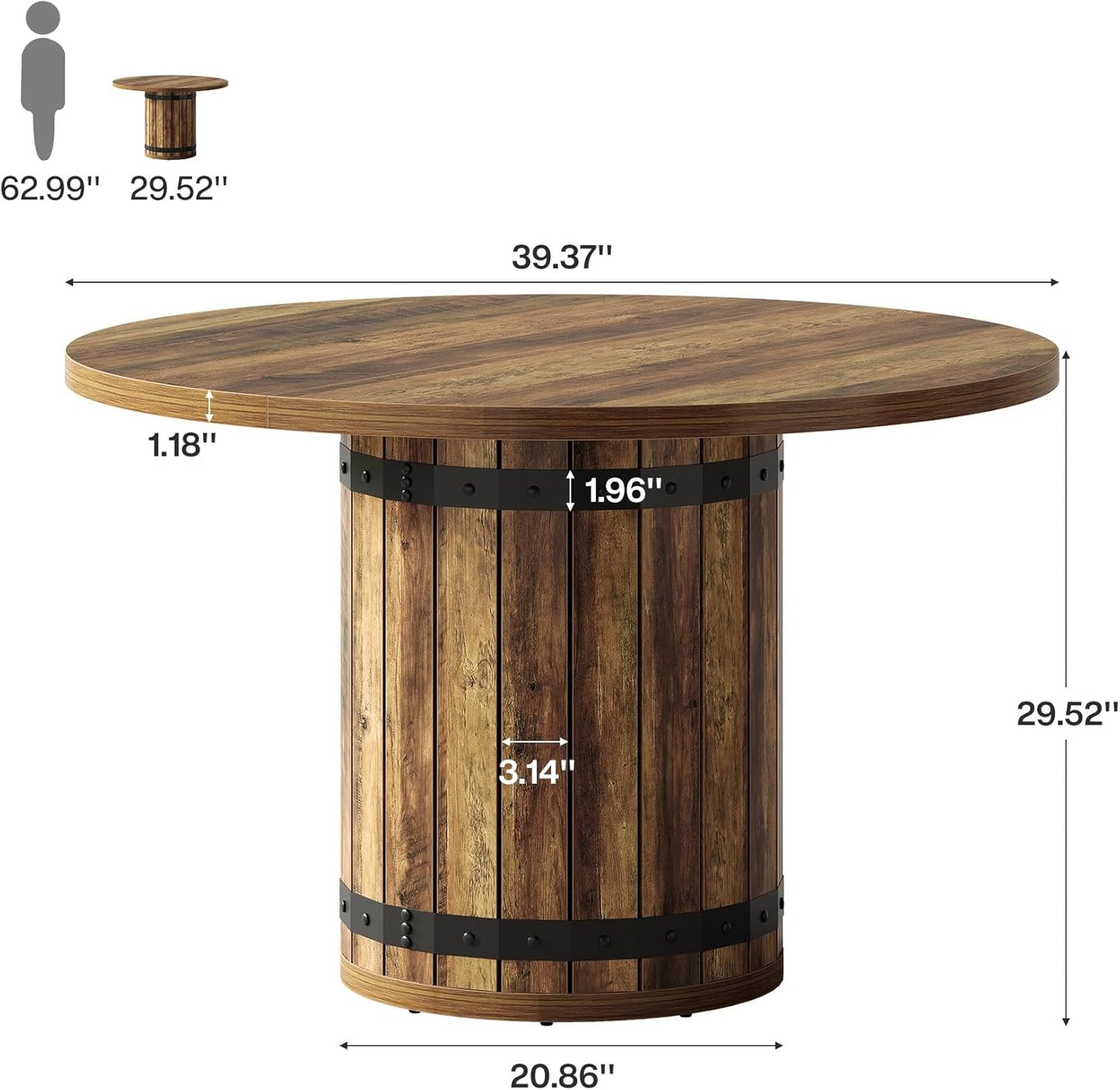 Tribesigns Round Dining Table, 100cm Kitchen Table for Dining Room and Living Room, Country Style Dining Table for 4 People with Wooden Fence Style Base (Table Only)