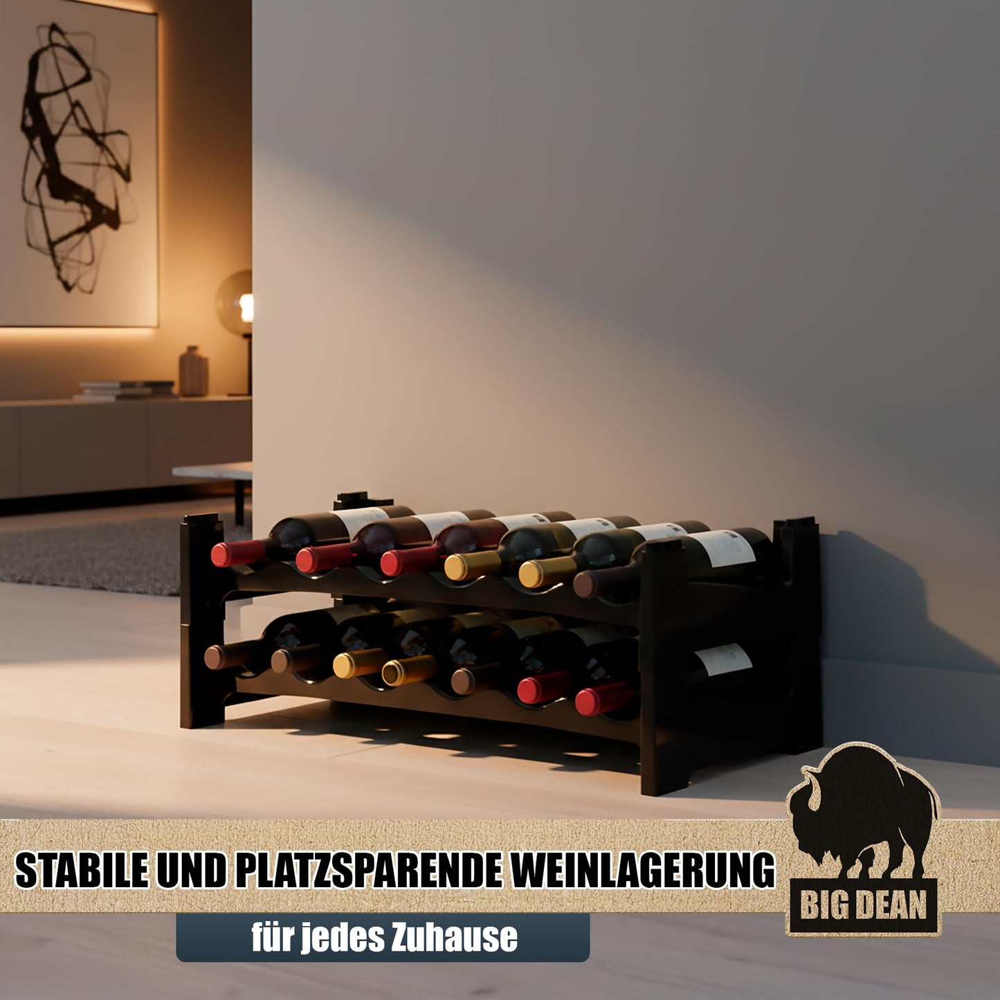 BigDean Bottle Rack Stackable for 72 Bottles Wine Rack Made of Plastic Black Drinks Rack Bottles Shelf System for Glass & PET up to 1.5 Litres