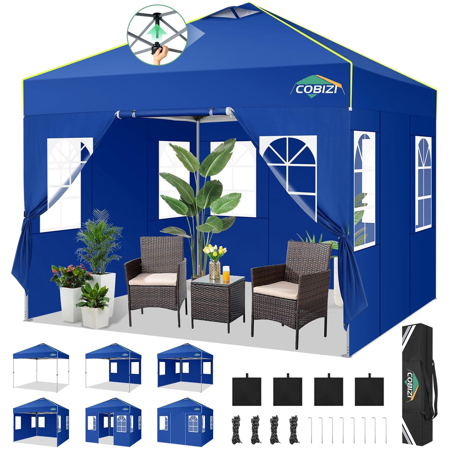 COBIZI Faltpavillon 3x6 Pavillon wasserdicht Winterfest, Ein-Tasten-Zentralverriegelung Partyzelt Faltbar Anti-UV mit 6 Seitenwänden, Gartenpavillon mit Leuchtstreifen für Hochzeiten, Freien, Garten