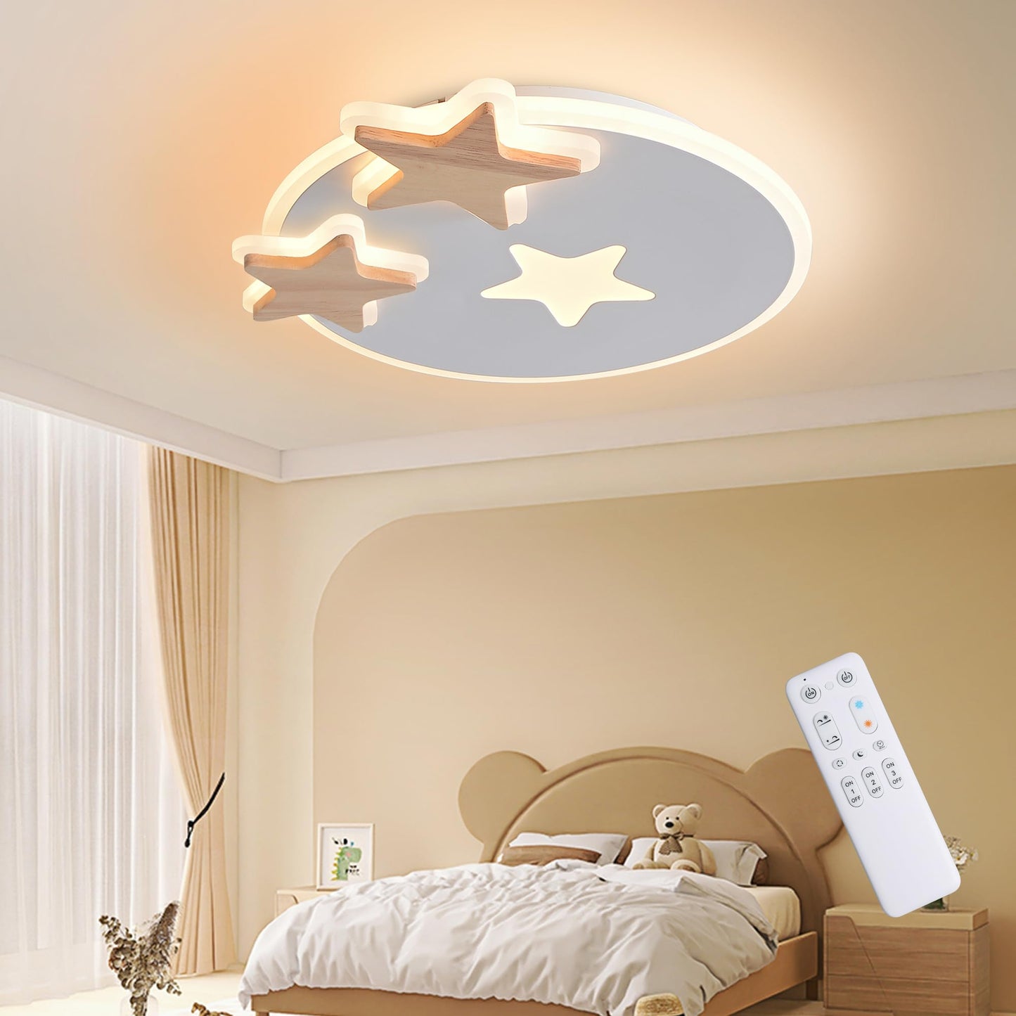 34 cm LED Ceiling Light Bedroom Wooden Children's Room Lamp Ceiling Star Children's Lamp Dimmable Ceiling Lamp for Children Lamp with Remote Control