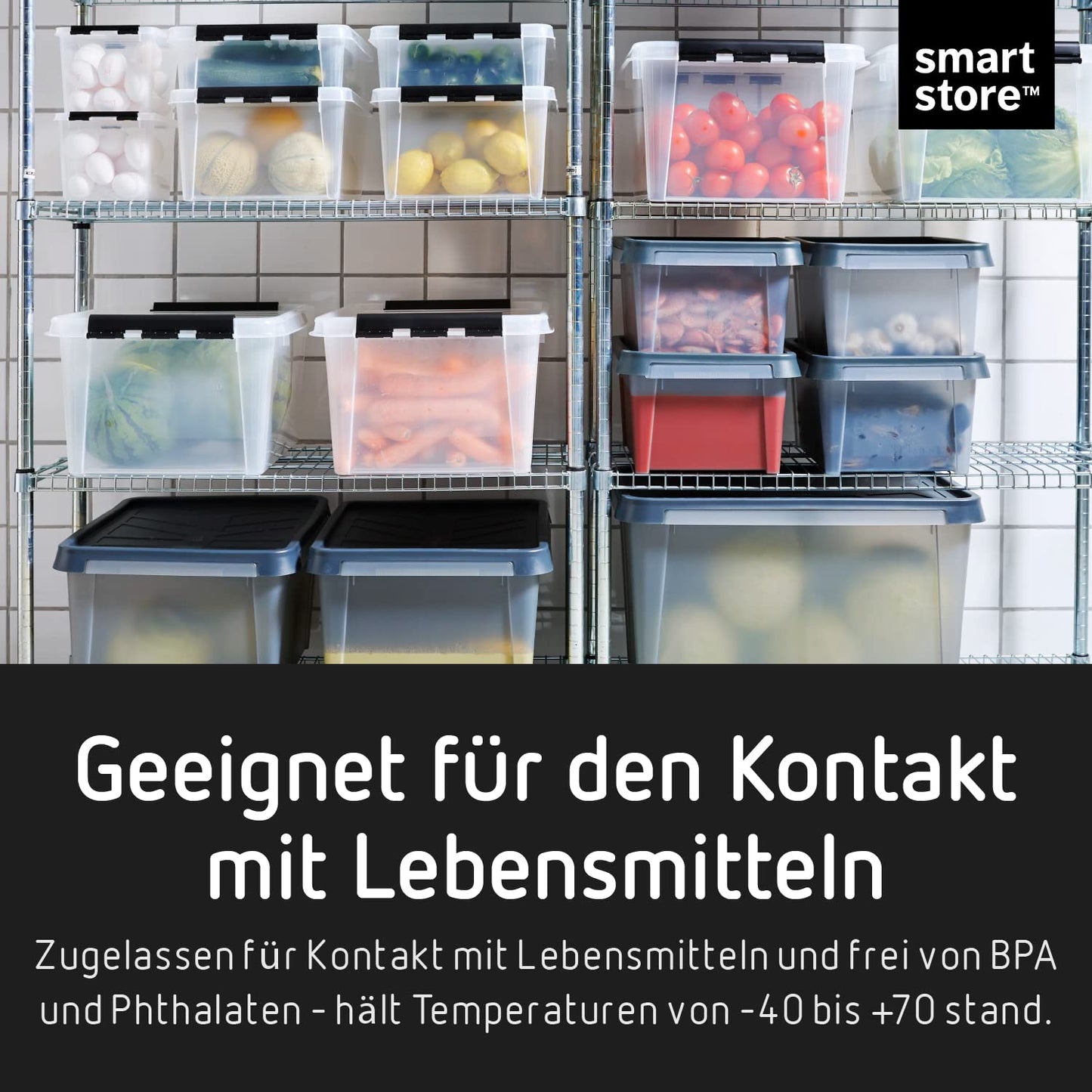 SmartStore Storage Box with Lid 55 L Waterproof Plastic - Set of 4 - Frosted - Nesting & Stackable on Top of Each Other - Food Safe & BPA Free - IP44 - L60 x W40 x H35 cm