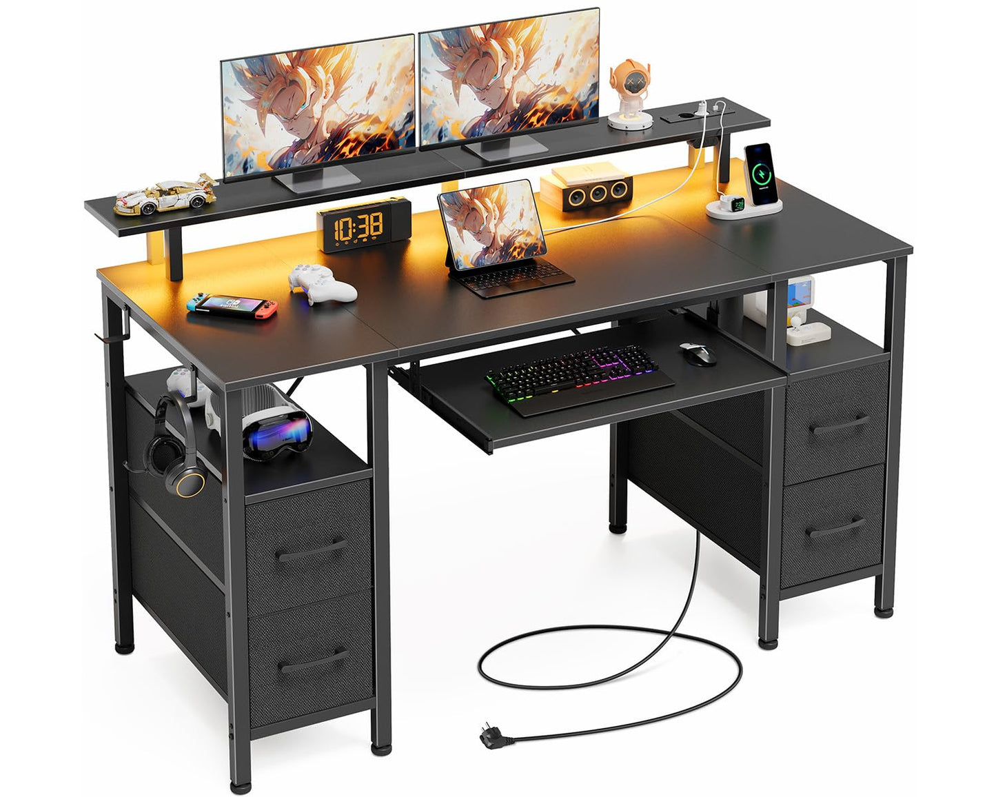 Rolanstar Desk with Drawers, 120 x 47 cm Gaming Table with Socket, LED & Monitor Stand, Computer Desk with Keyboard Tray, Gaming Desk for Home Office, Office, Living Room, White