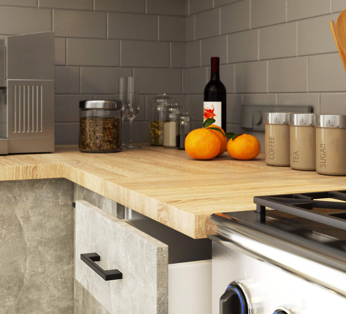 AKORD Küchenmöbel-Set OLIWIA 2.4m Modulares 240 cm 11 Türen 1 Schublade, Küche Komplett, Kitchen Cabinet Set, Küchenschränke, Standschränke, B240xH203xT46 cm, Beton & Beton