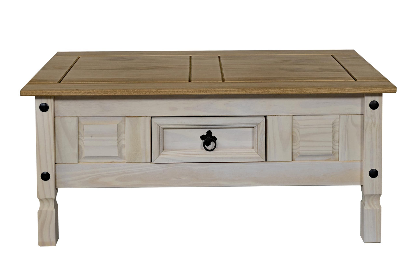SAM Cancun Coffee Table Solid Pine Wood Side Table with Drawer White Varnished Honey Top Plate Black Metal Handle Mexico Furniture