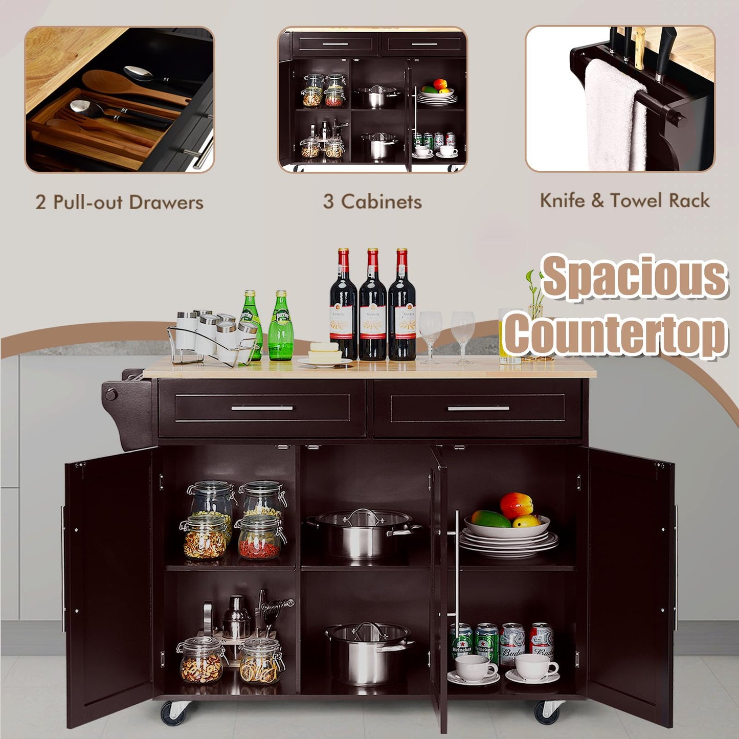 KOMFOTTEU Kitchen Trolley on Wheels, Wooden Serving Trolley with Worktop, Kitchen Island with Drawers, Towel Holder & Adjustable Shelves, Kitchen Cabinet Side Trolley Mobile 122 x 46 x 92 cm (Black)