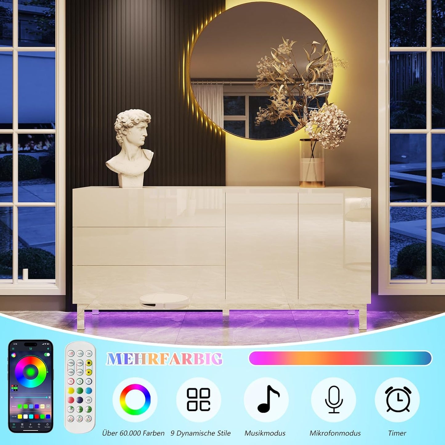 Sideboard High Gloss White with LED, Modern Sideboard with 2 Doors and 3 Drawers, Living Room, Chest of Drawers with Electro-Chromed Accents, 160 x 76 x 40 cm