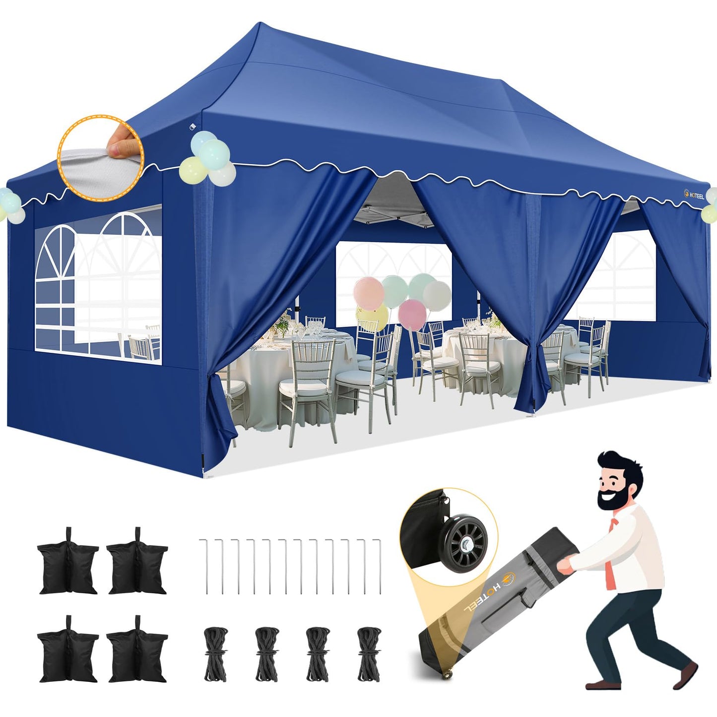 HOTEEL Gazebo 3 x 6 Waterproof Stable with 6 Removable Side Walls, Wave Hem Roof Party Tent 3 x 6 with Wheel Bag and 4 Sand Bags, Folding Gazebo 3 x 6 Parasol for Wedding Market (Grey)