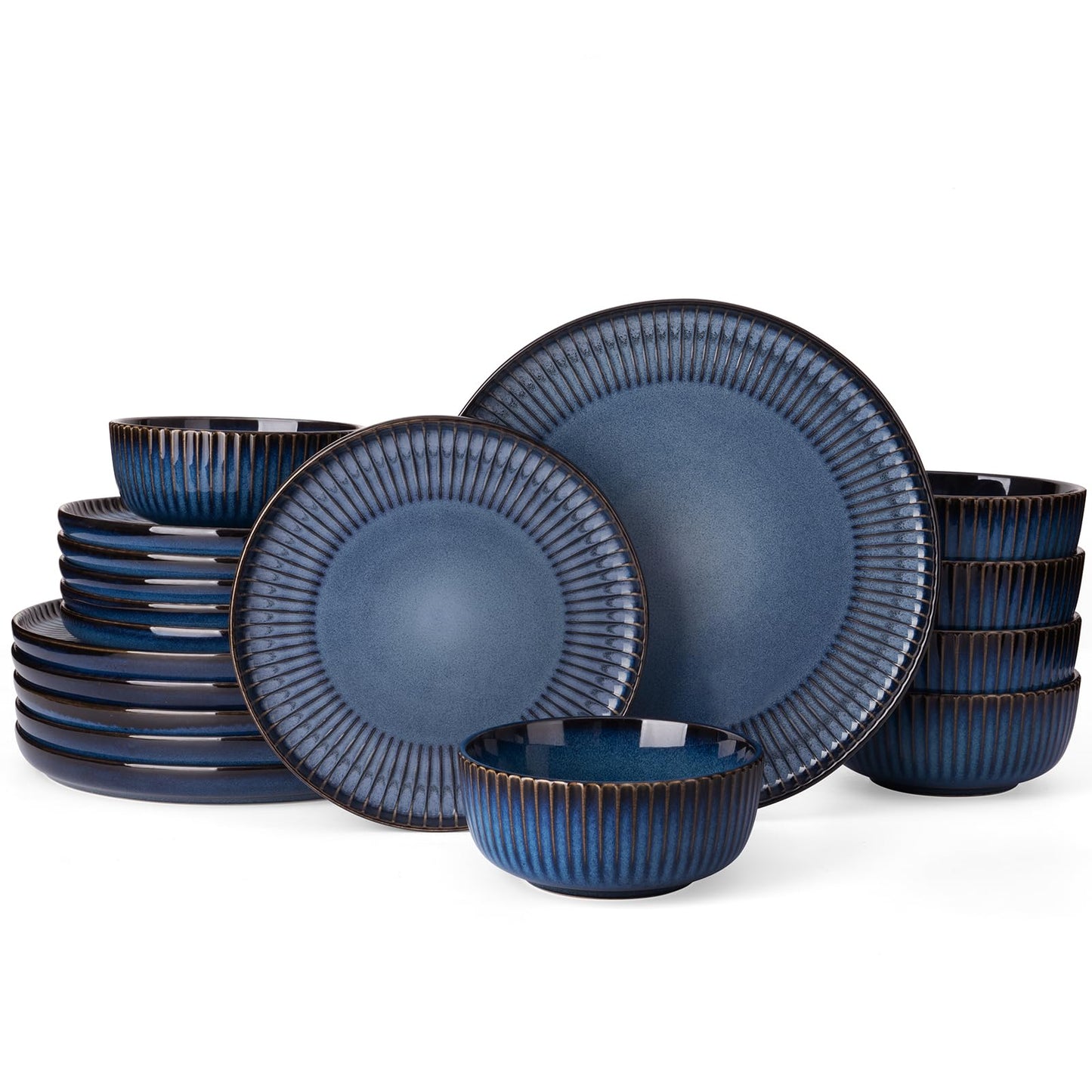 Starlight Crockery Set, 18-Piece Plate Set, Crockery Set for 6 People, Ribbed Textured Tableware, Microwave & Dishwasher Safe, Anti-Scratch, Reactive Glaze, Matt Black Grey