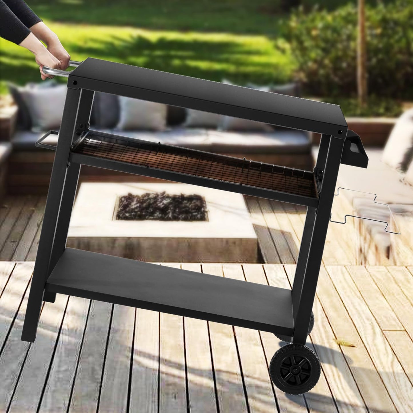 Barbecue Table with Large Work Surface | Grill Side Table, Outdoor Grill Trolley, Grill Table Outdoor, Stainless Steel Table Top, Outdoor Garden Trolley