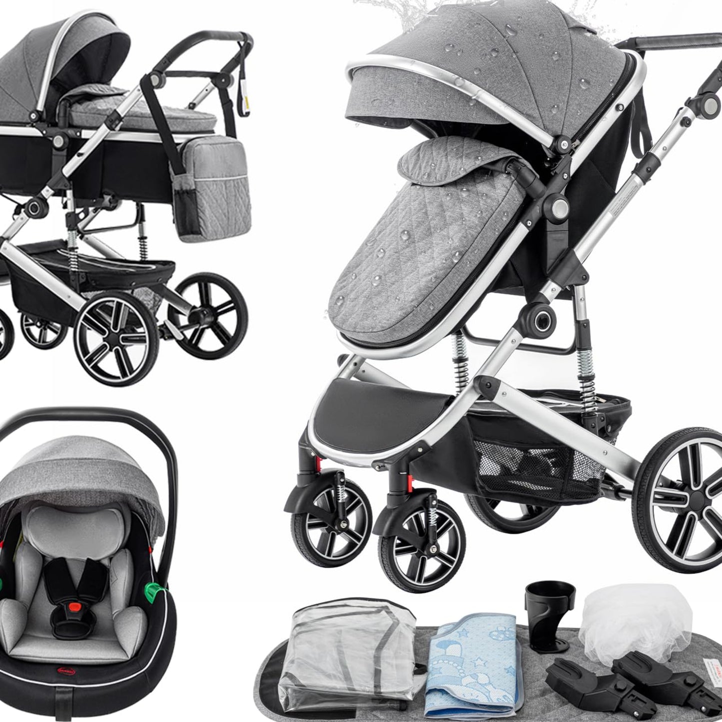 Gcarebb PU Leather 3-in-1 Pram, Buggy with Car Baby Seat, Foldable Portable Pushchair Complete Set, Combination Pushchair with Aluminium Frame for Newborns 0-4 Years