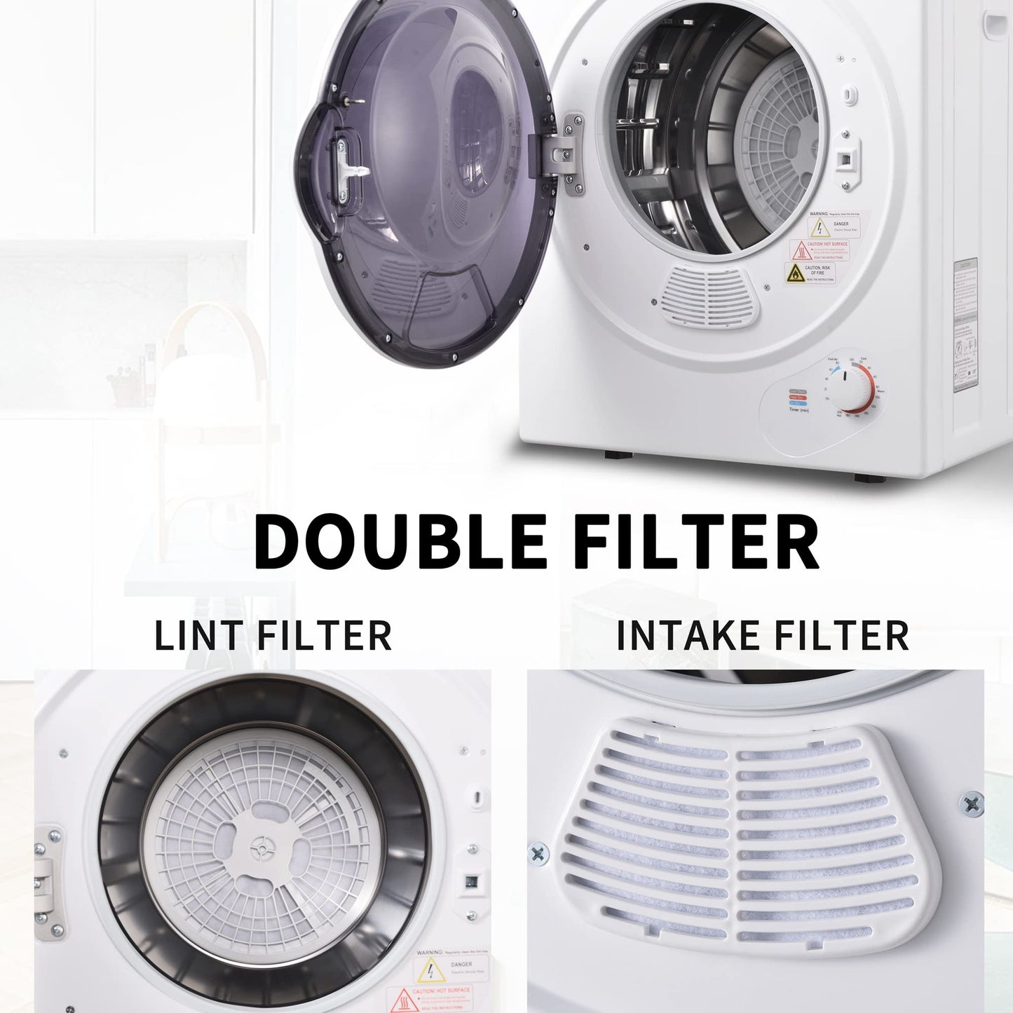 HAUSPROFI Exhaust Dryer 2.5 kg, Wall Mountable, 200 Minute Timer, Double Filter, PTC Ceramic Heater, Stainless Steel Drum, Overheating Protection, 65°C Drying Temperature (White)