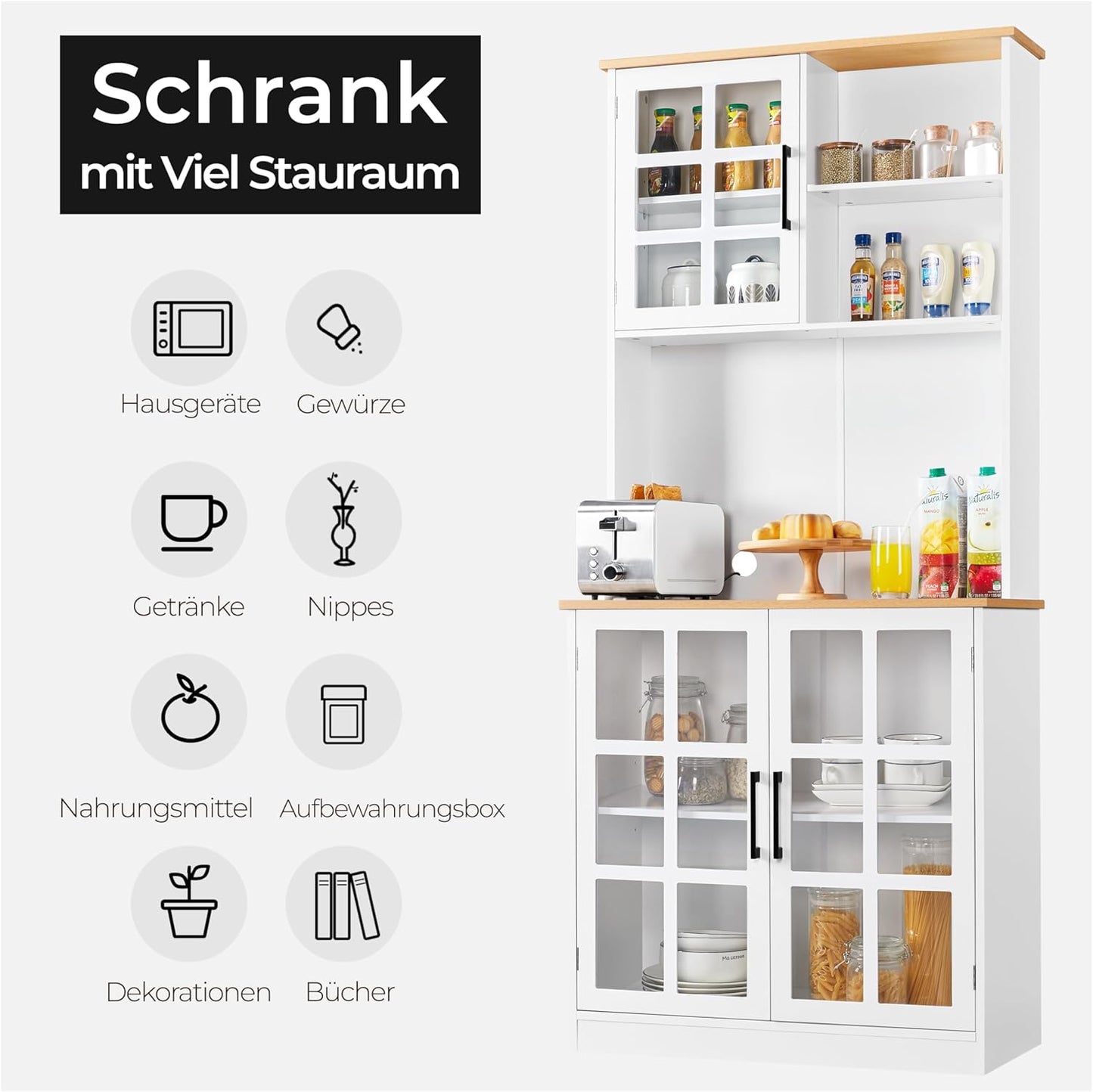 Yaheetech Kitchen Cabinet, Tall Cabinet with Cabinet, Multi-Purpose Cabinet with Adjustable Shelves, Storage Cabinet with Glass Doors, Cupboard with Open Shelves, White