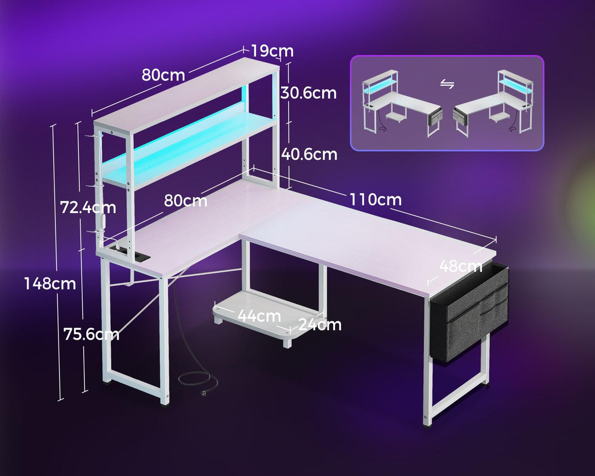 Coleshome Gaming Table L Shape with LED & Sockets, 135 × 100 cm Reversible Gaming Desk with Storage Shelves, Corner Desk with Storage Bag for Home Office and Gaming, Black