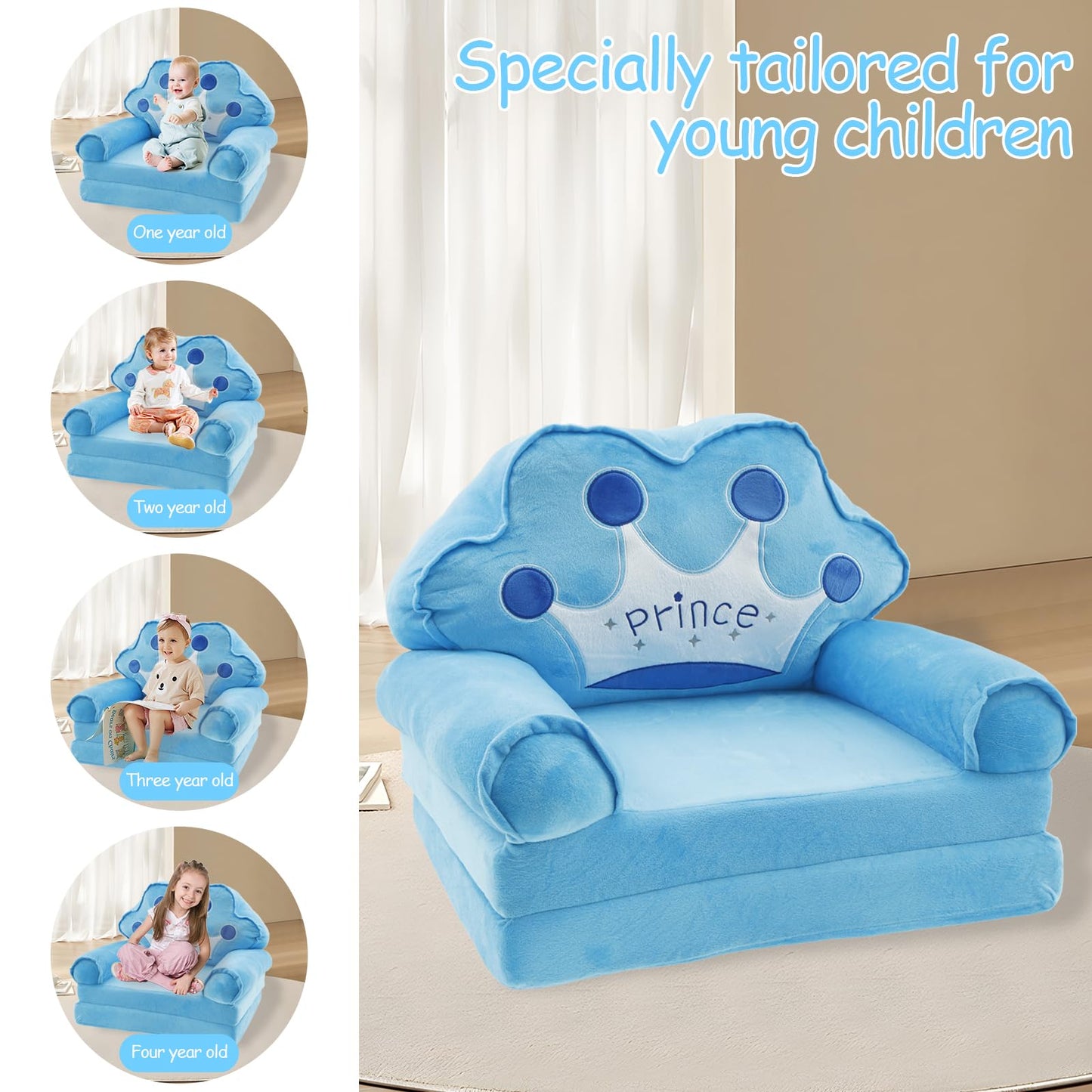 TNTGMG Children's Sofa, 2-in-1 Soft Toddler Chairs with Handle, 80 x 50 cm, Foldable Baby Lounge Chair, Convertible Play Sofa to Deck Chair for 1 to 4 Years Old Girls and Boys Playroom (Pink Crown)
