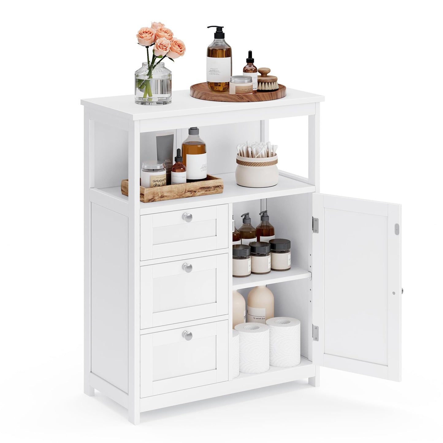 VASAGLE BBC40WT Wooden Bathroom Cupboard Organiser Shelf, Freestanding with 2 Slat Doors, White