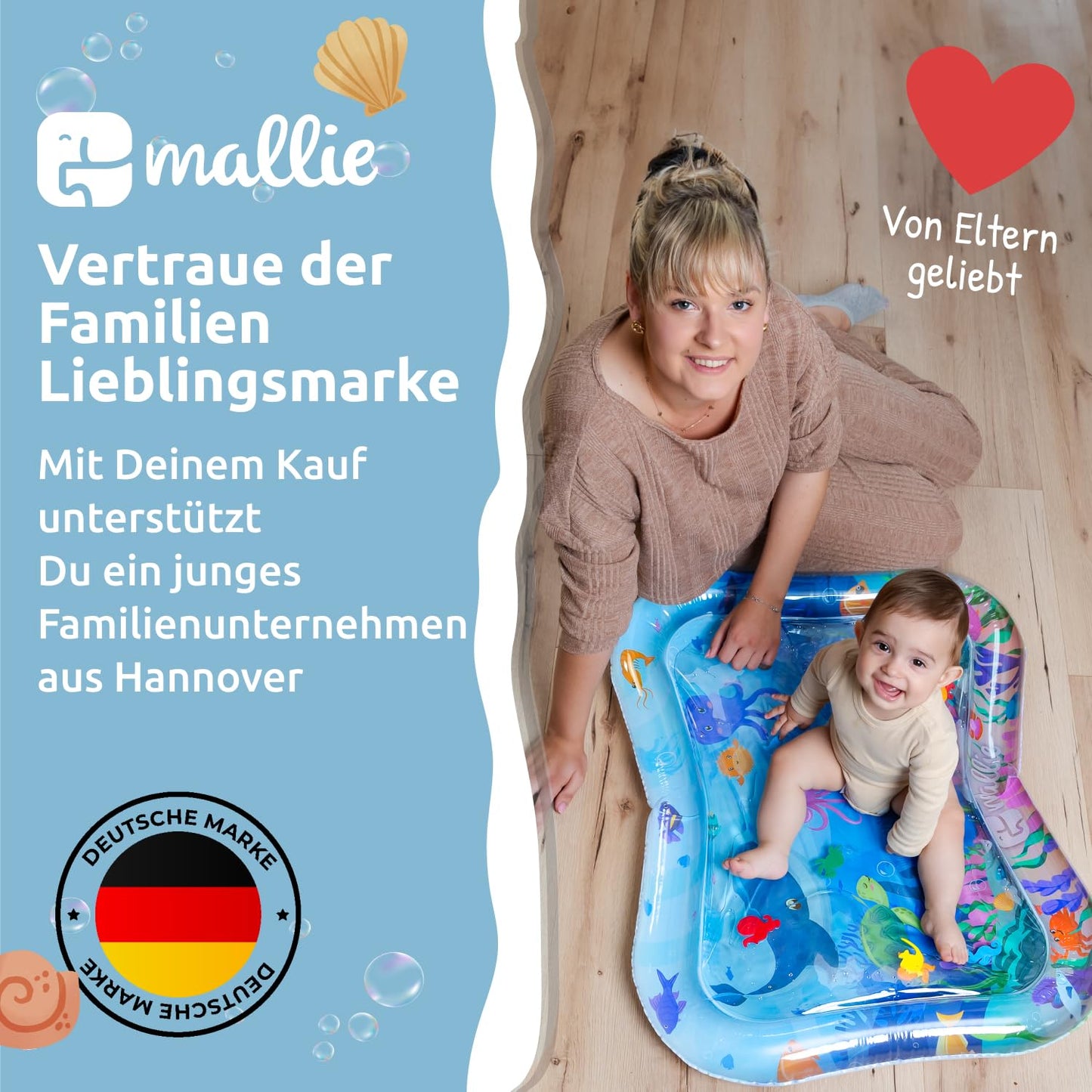 Mallie® Wassermatte Baby 66x50 CM [100% BPA & Schadstoff-Frei] ab 3, 6 und 9 Monate im Ozean Blau Design I Baby Spielzeug, Spielzeug Ab 6 Monate als Wassermatte Baby und Baby Spielzeug 6 Monate