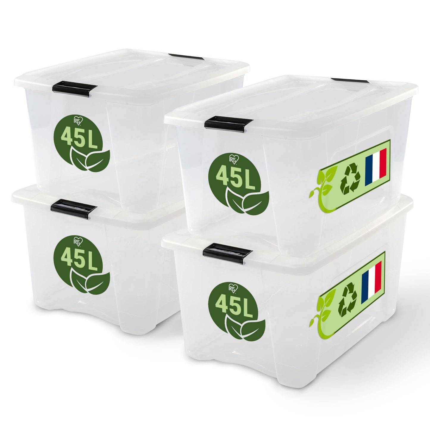 Iris Ohyama Storage Boxes with Lids, 55L, Set of 4, Transparent, Secure Closure, Stackable, Handles, Bedroom, Closet, Office, Organisation, BPA-Free Plastic, Organiser Boxes, BSB-55