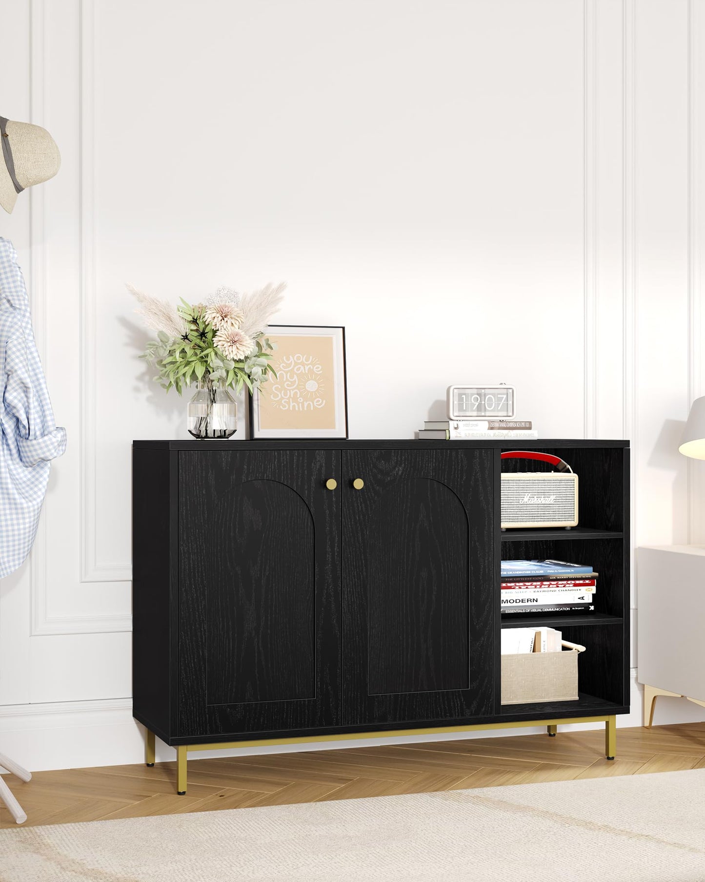 Hzuaneri SC10203G Bathroom Cabinet, Kitchen Cabinet with 2 Doors, Side Cabinet, Sideboard with Open Compartment, Chest of Drawers, Adjustable Shelf, Bathroom, 35 x 100 x 75 cm, White Gold