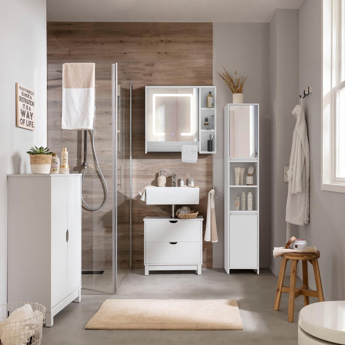 TUKAILAI Mirror Cabinet with LED Lighting, 6 Open Shelves and Adjustable Shelves, Bathroom Mirror with Touch Switch, Bathroom Mirror, Light Mirror, Wall Mirror, Bathroom Cabinet for Bathroom