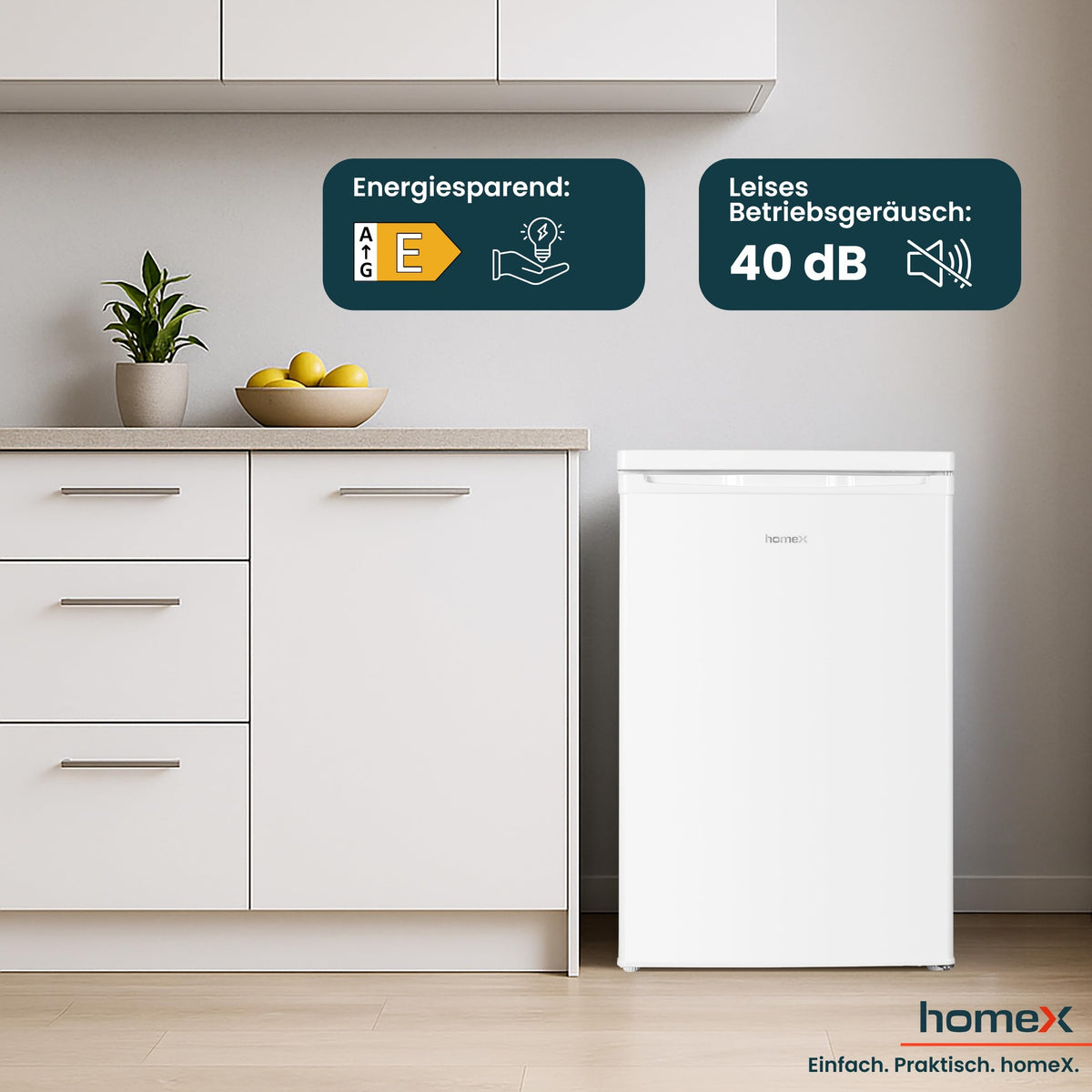 homeX Fridge without Freezer, Full-Room Fridge Small - 88 L Net Capacity, Freestanding and Compact, Table Fridge Quiet 39 dB, Fridge with LED Interior Lighting and Temperature Control, Silver