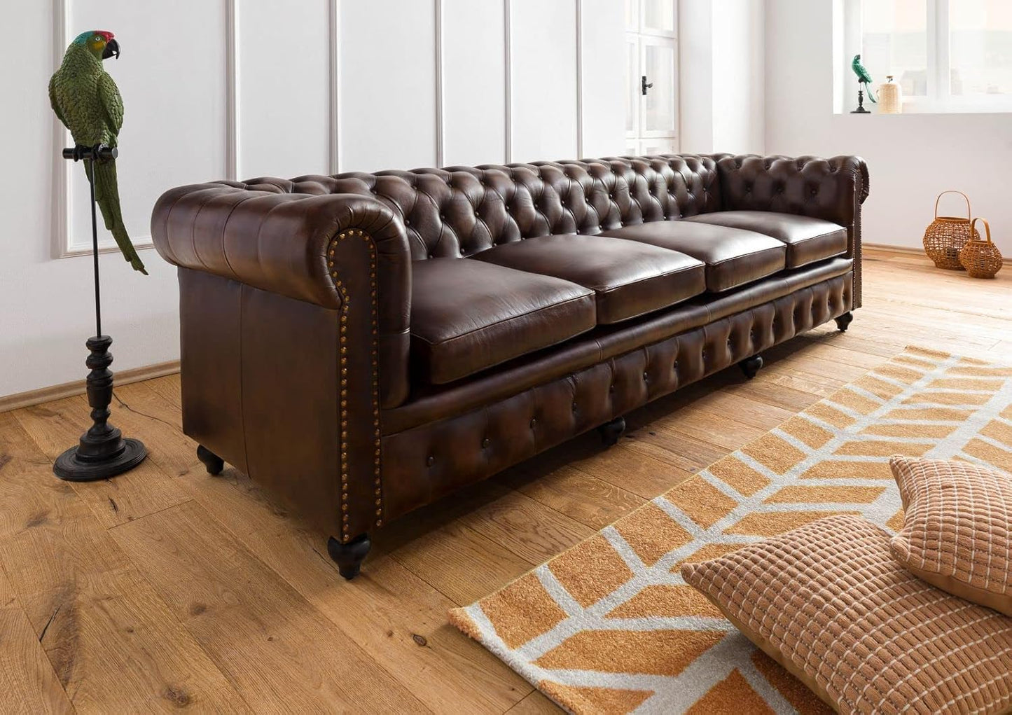 MASSIVMOEBEL24.DE Chesterfield #103 3-Seater Sofa Real Leather 218 x 82 x 76 cm Brown