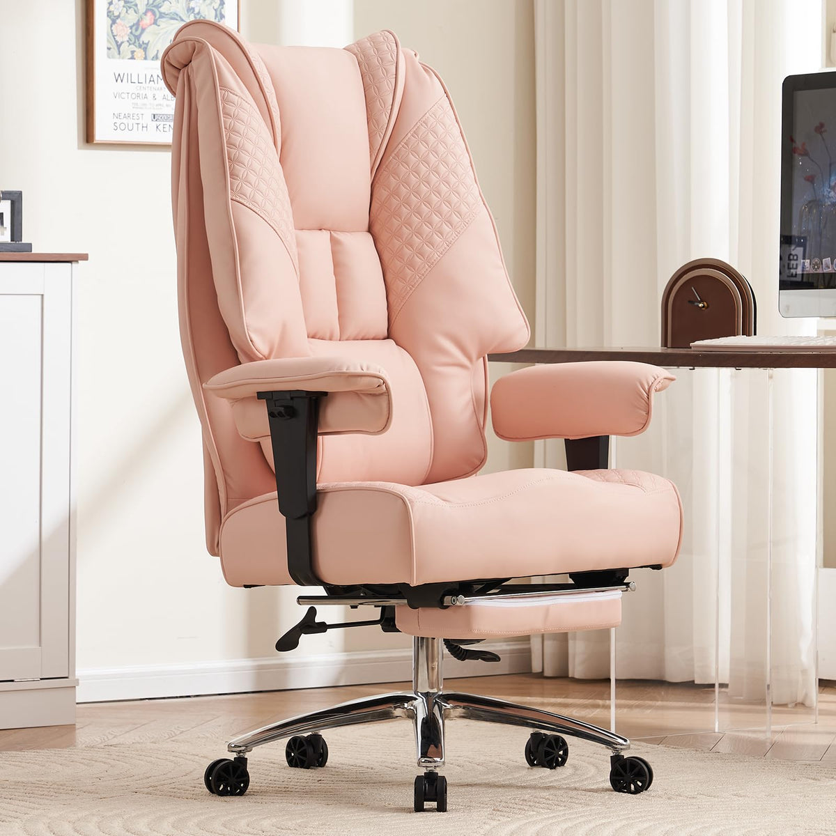 EXCEBET Bürostuhl Ergonomisch, Chefsessel mit Hoher Rückenlehne, Verstellbaren Armlehnen und Breitem Sitz, PU Leder Drehstuhl, Höhenverstellbar Schreibtischstuhl, Belastbar bis 200 kg (BEIGE)