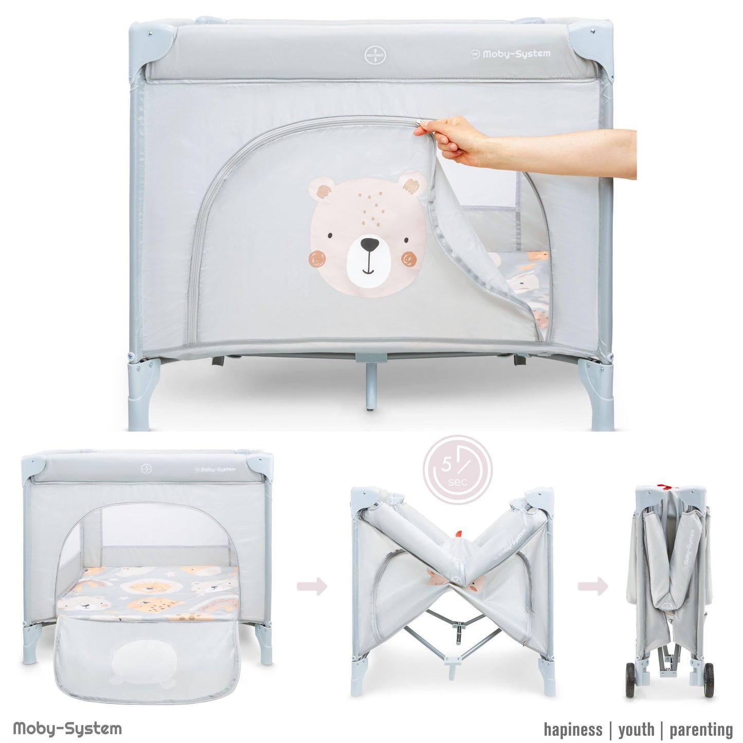 Moby-System Baby Travel Cot 128 x 68 cm - Foldable Children's Travel Bed with Mattress & Carry Bag - Playpen with Side Exit - for Babies up to 15 kg - Grey