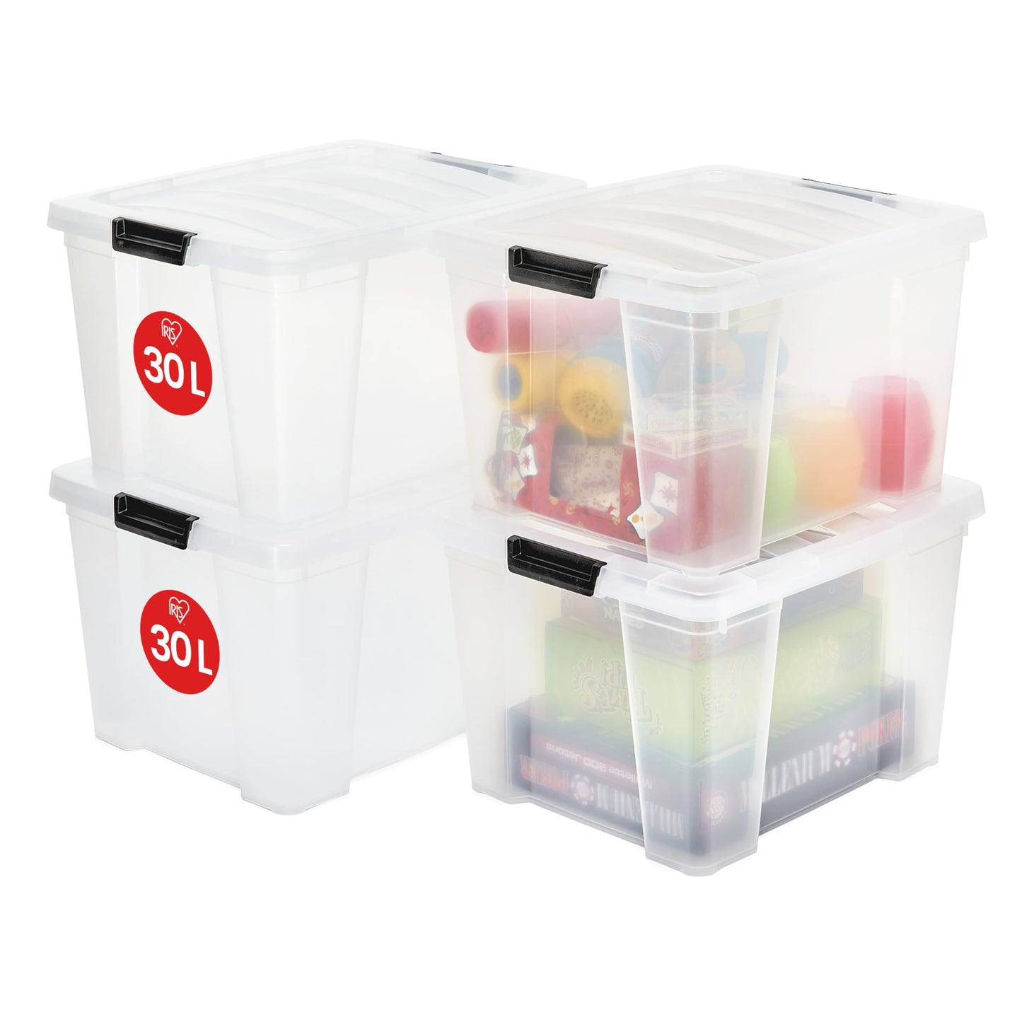 Iris Ohyama Storage Box with Lid, 80L, Set of 4, Transparent, Snap Latches with Handles, Stackable, Strong & Durable, for Clothes, Garage, Home, Office, Plastic Box, Storage TB-84D