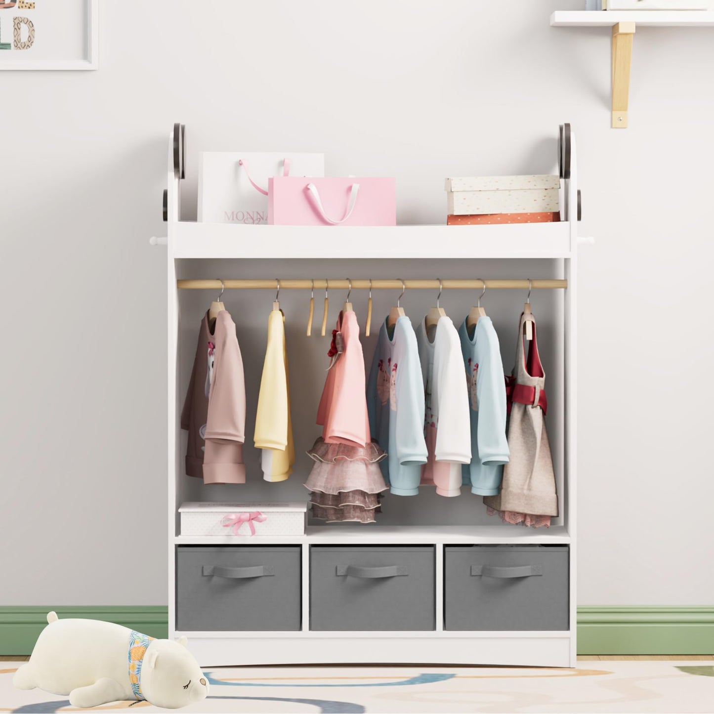 Children's Clothes Rack with Mirror, Clothes Rail with Shelves, Children's Wardrobe Wood, Children's Shelf for Children's Room, 81 x 28 x 106.5 cm (Clouds with 2 Drawers, White)