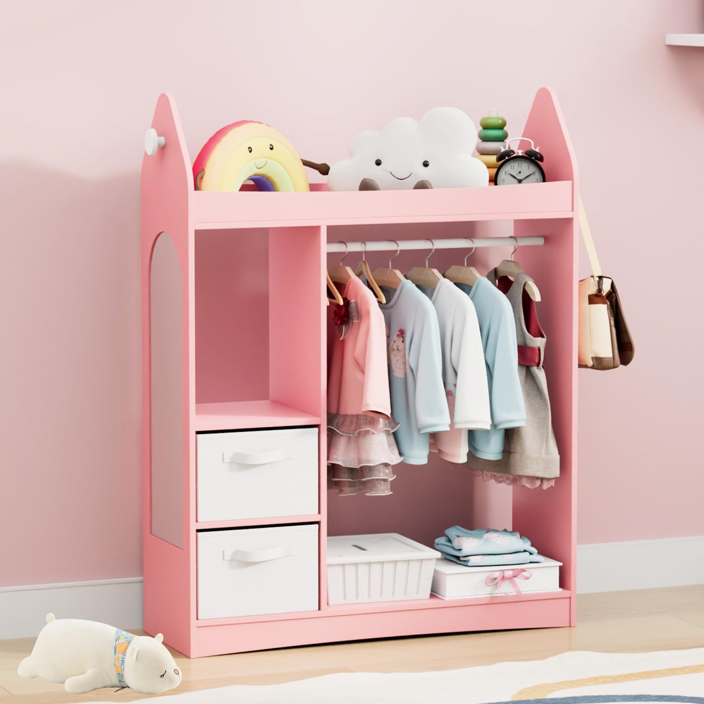 Children's Clothes Rack with Mirror, Clothes Rail with Shelves, Children's Wardrobe Wood, Children's Shelf for Children's Room, 81 x 28 x 106.5 cm (Clouds with 2 Drawers, White)