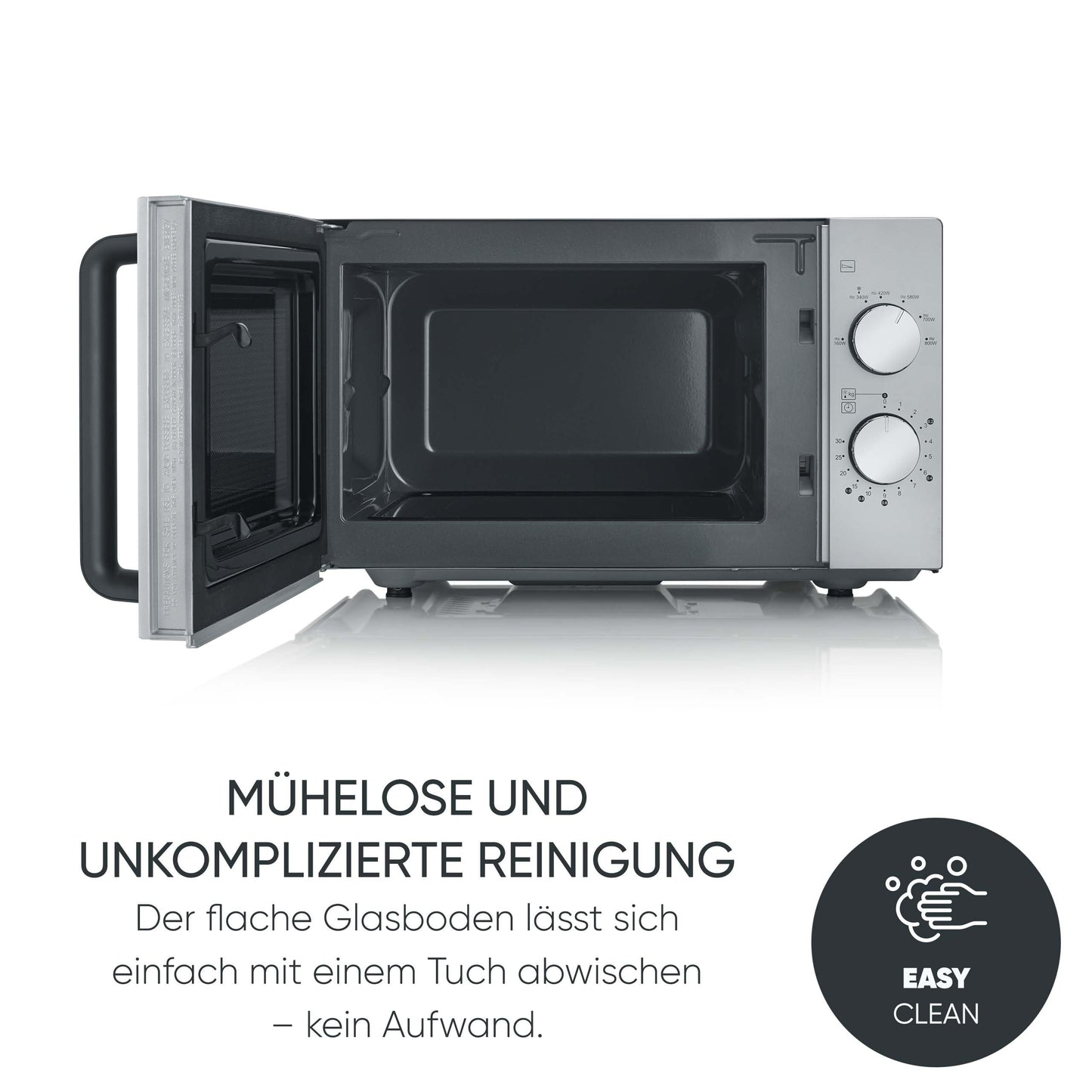 SEVERIN Microwave with Glass Base, for Defrosting and Heating, Microwave Oven with Large Usable Surface for Square Tableware, Black/Silver, MW 7761