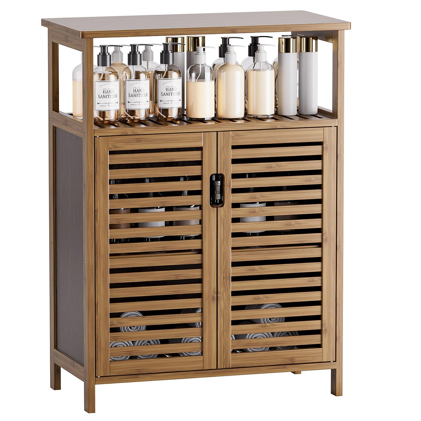 HITNET Bathroom Cabinet Bamboo Black Bathroom Cabinet with 2 Doors Freestanding Cabinet for Bathroom, Living Room and Bedroom