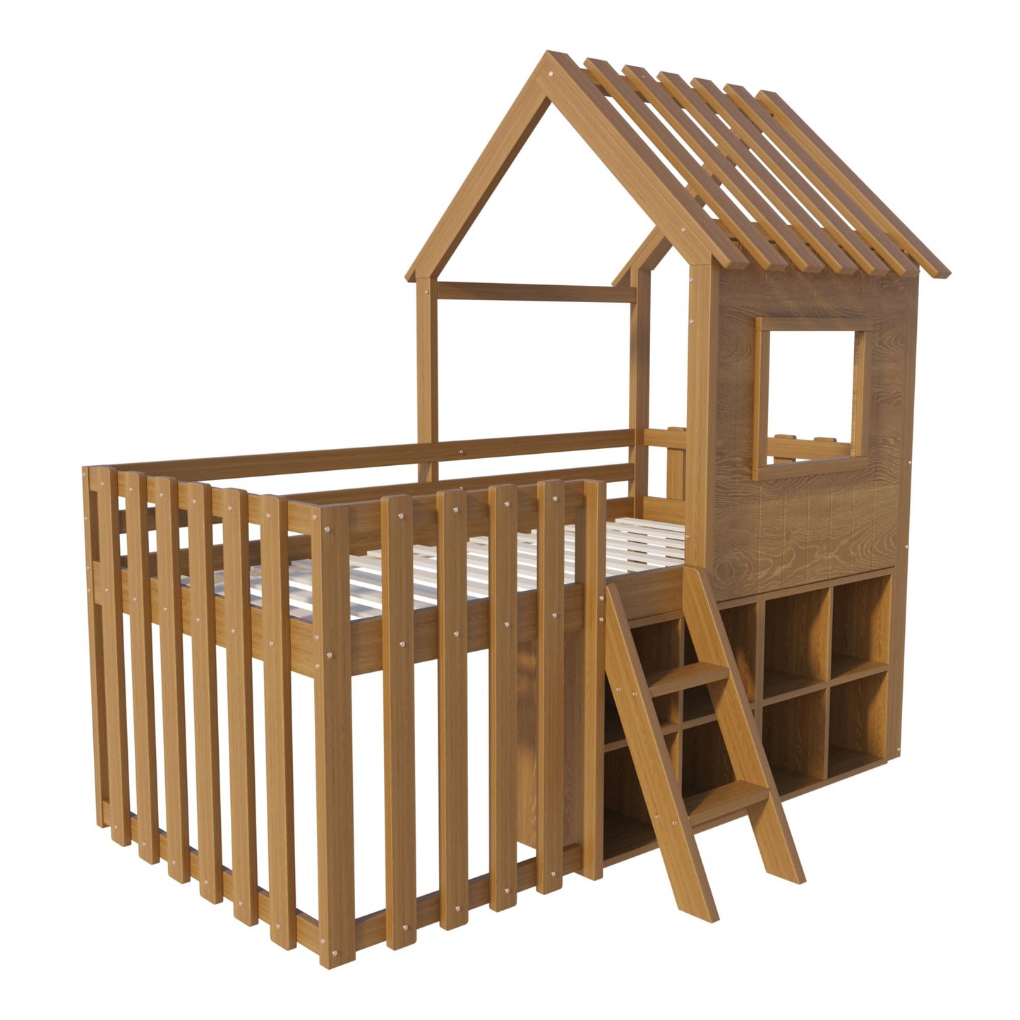 Children's Bed, House Bed 90 x 200 cm, Children's Bed Frame with Roof and Window, with Open Storage Space, with Climbing Ladder, Slatted Frame, Solid Wood Bed, Wooden Bed without Mattress (White)