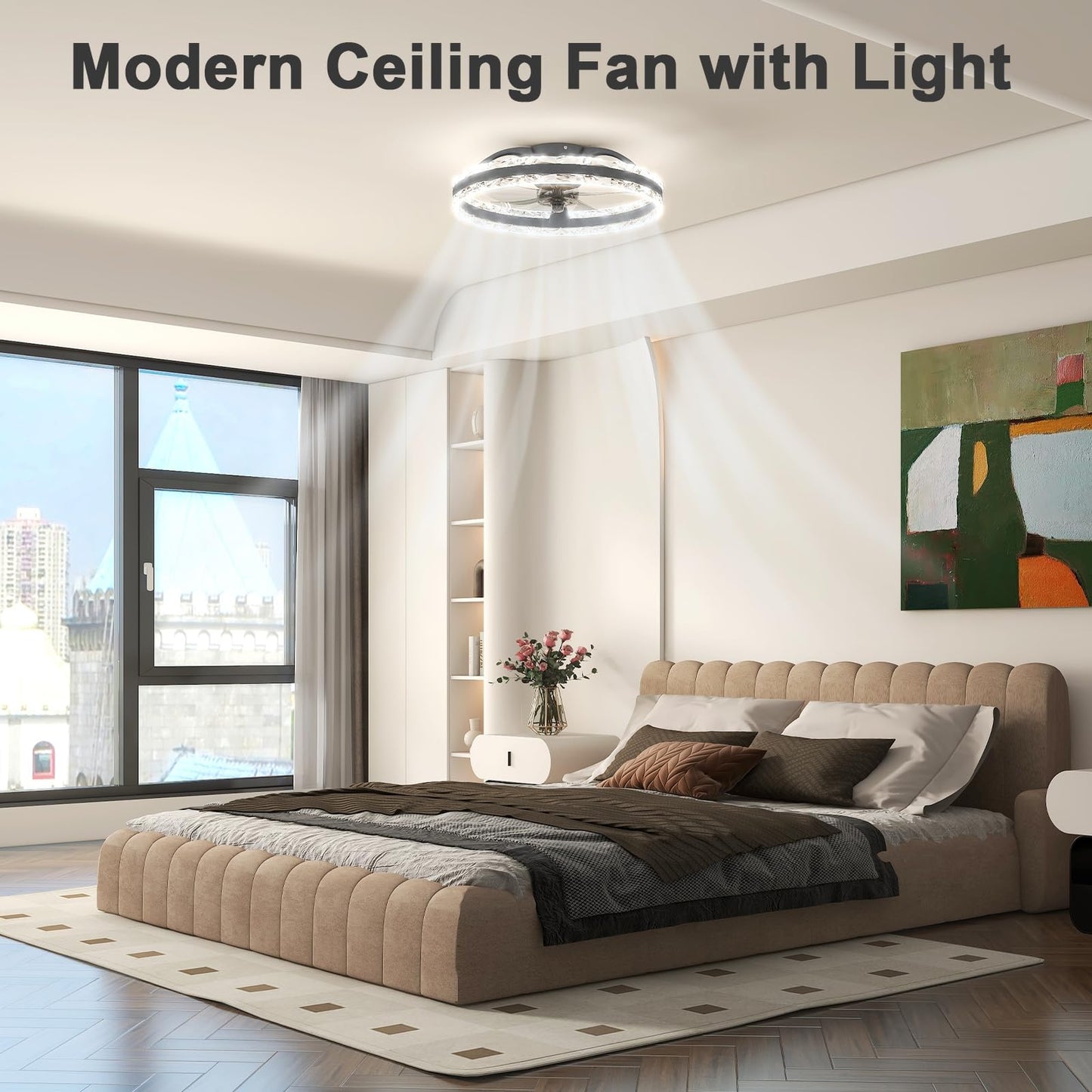 VOLISUN Ceiling Fan with Lighting and Remote Control, 6 Wind Levels and Dimmable, Modern Ceiling Light with Fan, Quiet LED Ceiling Fan for Bedroom, Living Room (White, 50 cm)