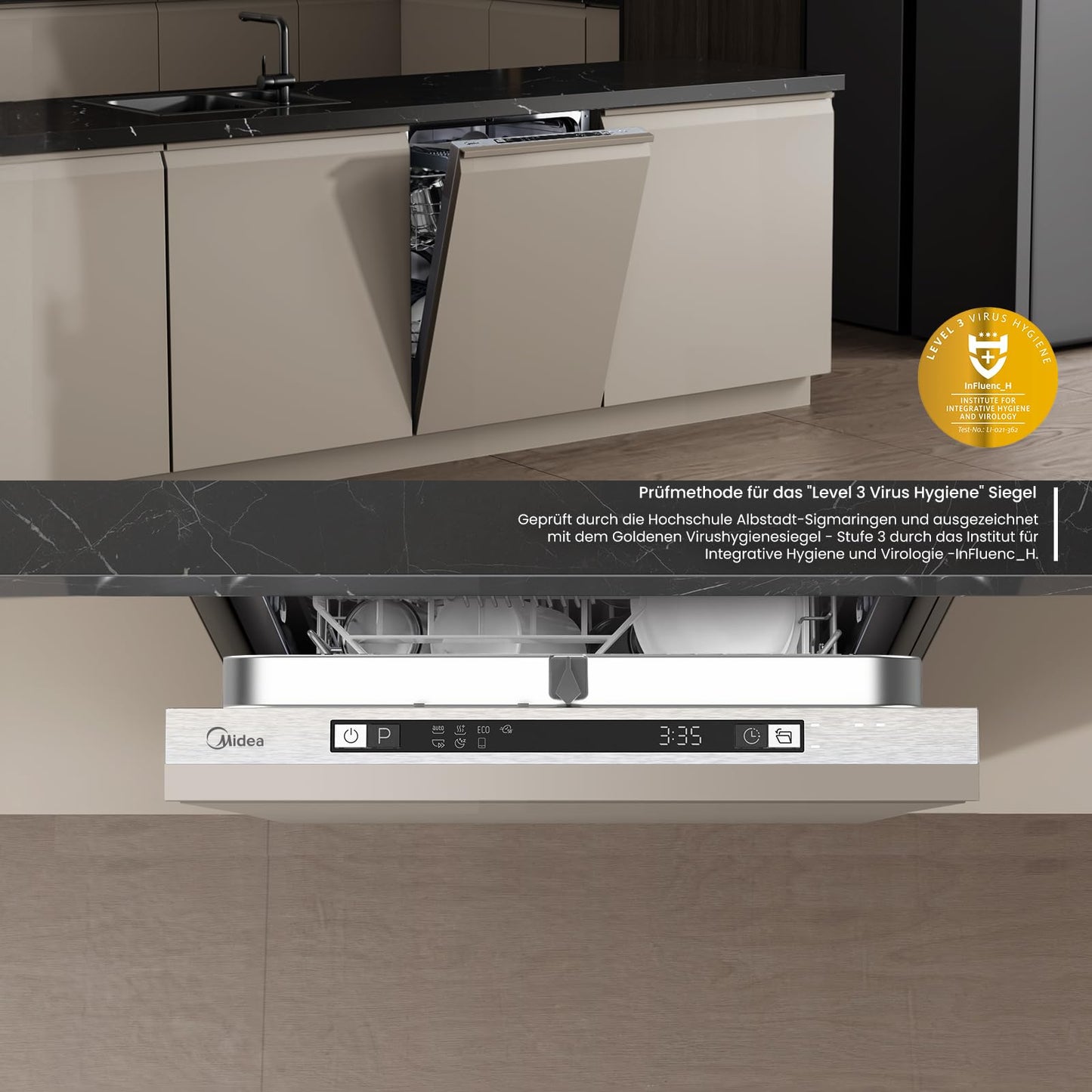 Midea SU 5.35X14CS Dishwasher Base, 14 MGD, Dishwasher 60 cm, Home Connect, Hygiene Care+, Machine Care +, Extra Drying, Half Load, 44 db, Start Delay, Stainless Steel