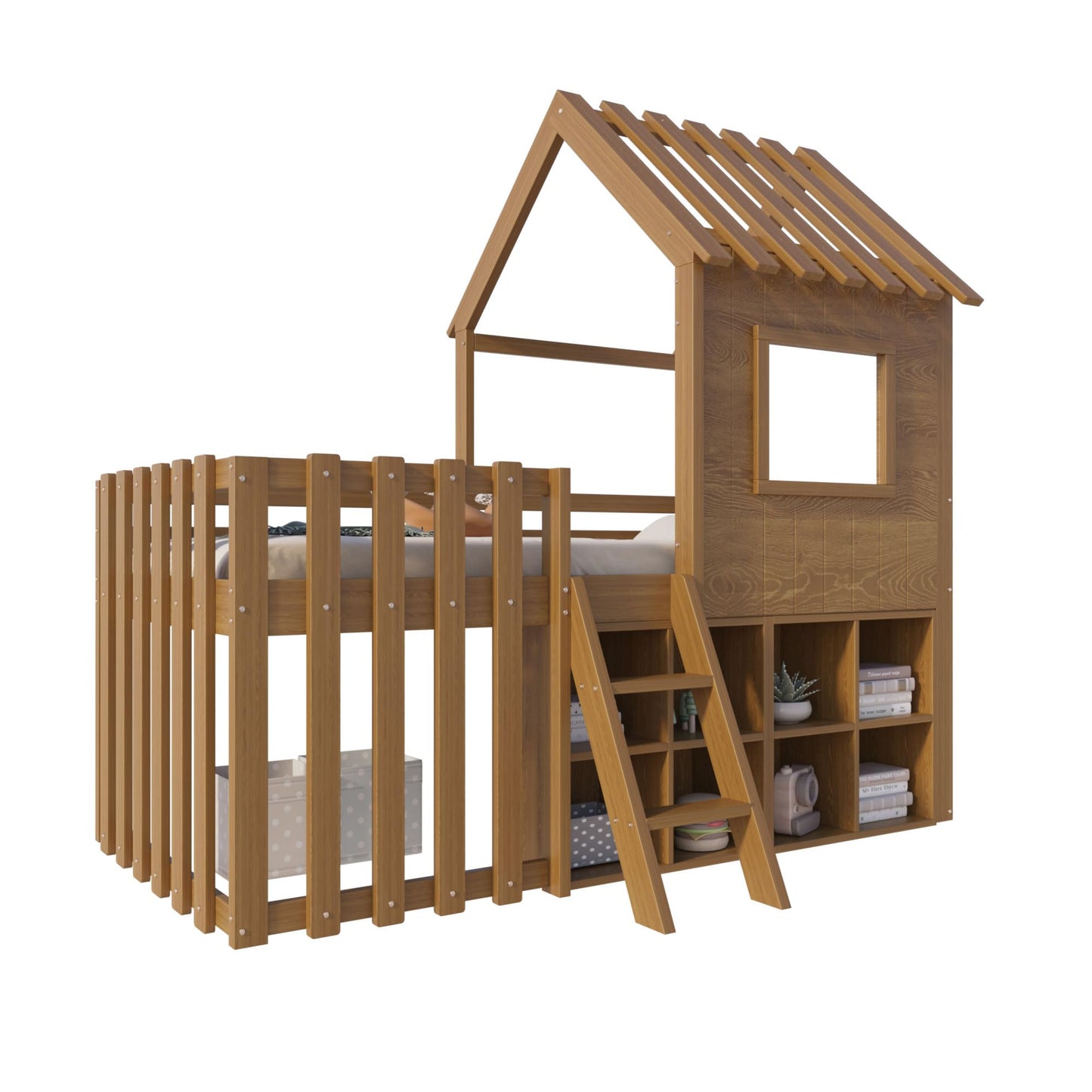 Children's Bed, House Bed 90 x 200 cm, Children's Bed Frame with Roof and Window, with Open Storage Space, with Climbing Ladder, Slatted Frame, Solid Wood Bed, Wooden Bed without Mattress (White)