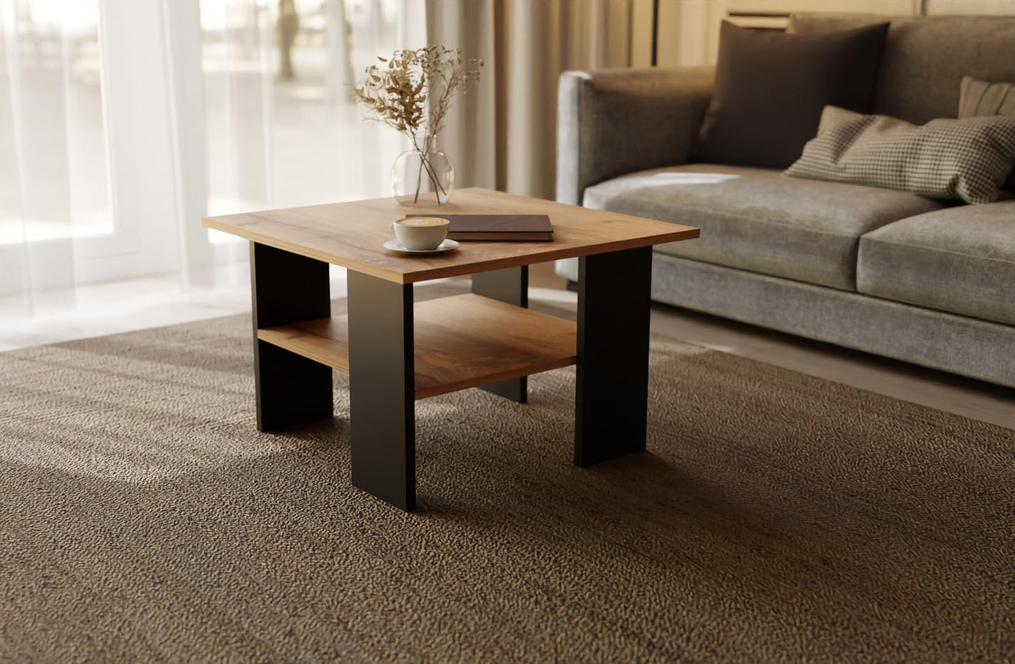 Artisan Coffee Table, Retro Loft Bench, Open Double Shelf, Skate Legs, Ideal for Coffee Get-Togethers, Laminated Top, Large Surface, Guaranteed Stability, White 3