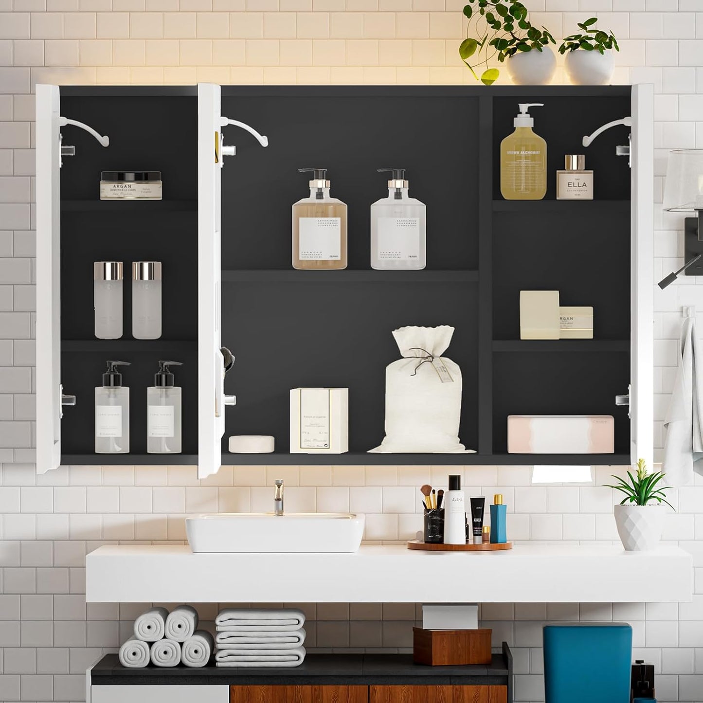 Aovquof Mirror Cabinet with Lighting - 90 x 60 cm Bathroom Mirror Cabinet with Storage Space, Bathroom Mirror Cabinet with Adjustable Dimmable LED Lights with Demist Function, Modern Cream Colour