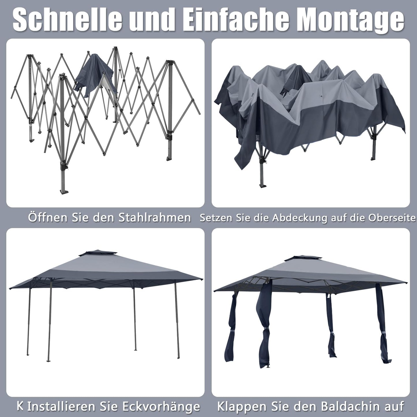 COSTWAY Gazebo 4 x 4 m, Pop-Up Folding Gazebo with Double Roof, Waterproof, Stable, UV Protection 50+, Garden Gazebo with Carry Bag on Wheels, Garden Tent for Patio, Garden (Grey)