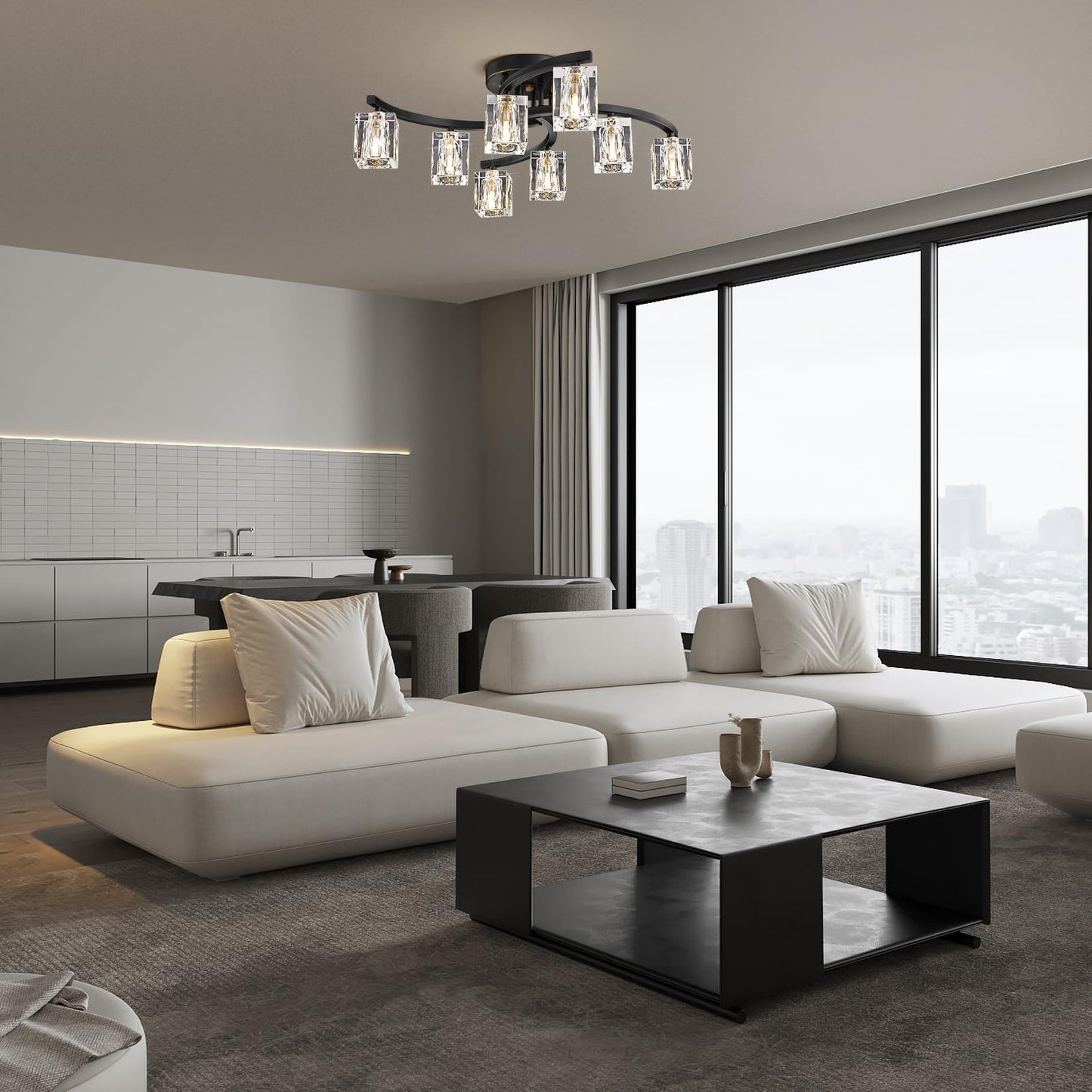 Crystal Ceiling Light, Modern Black and Gold Ceiling Lamp, 8 Lights Design, K9 Crystal Chandelier, Semi-Flush Luxury Ceiling Light for Bedroom, Living Room and Dining Room