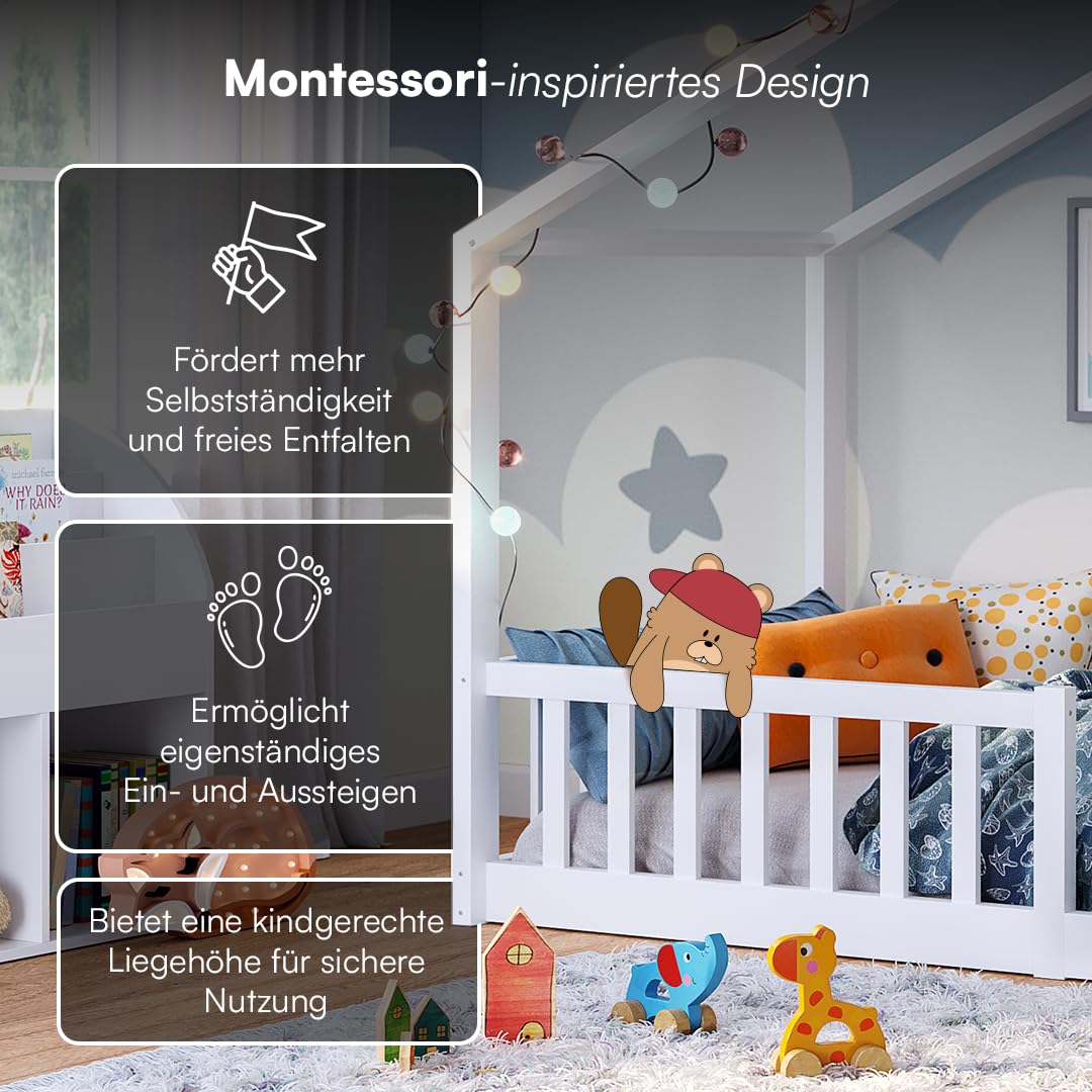 Bellabino Bia Children’s Bed, 90 x 200 cm, Children’s House Bed incl. Fall Protection and Rolled Slatted Frame, Montessori Floor Bed, White, Solid Pine Wood