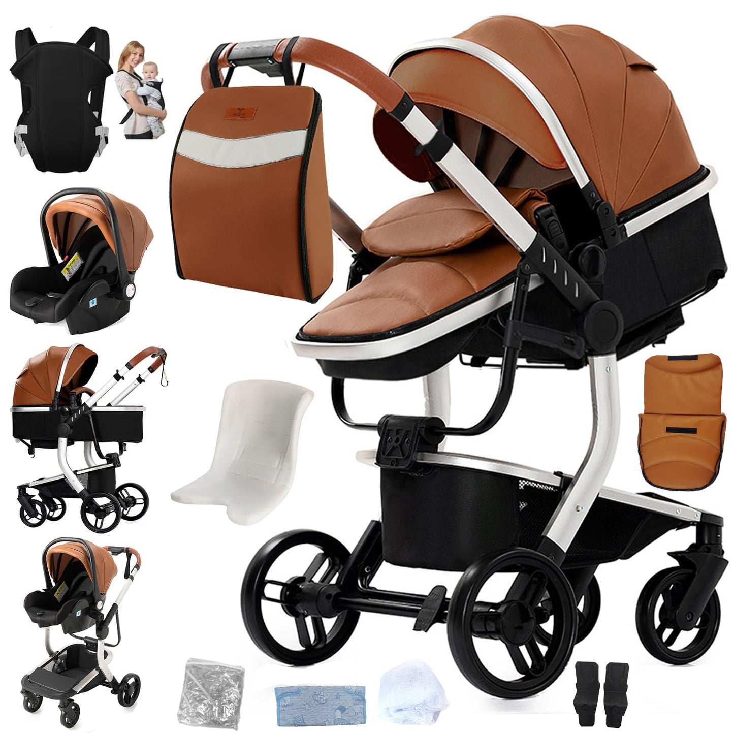 Doraystar 360° Rotation PU Leather Pushchair 3-in-1 Combination Pushchair 3-in-1 with Two Reversible Sliding Modes, Pushchair Complete Set with One-Click Folding Design, Aluminium Alloy Frame (906
