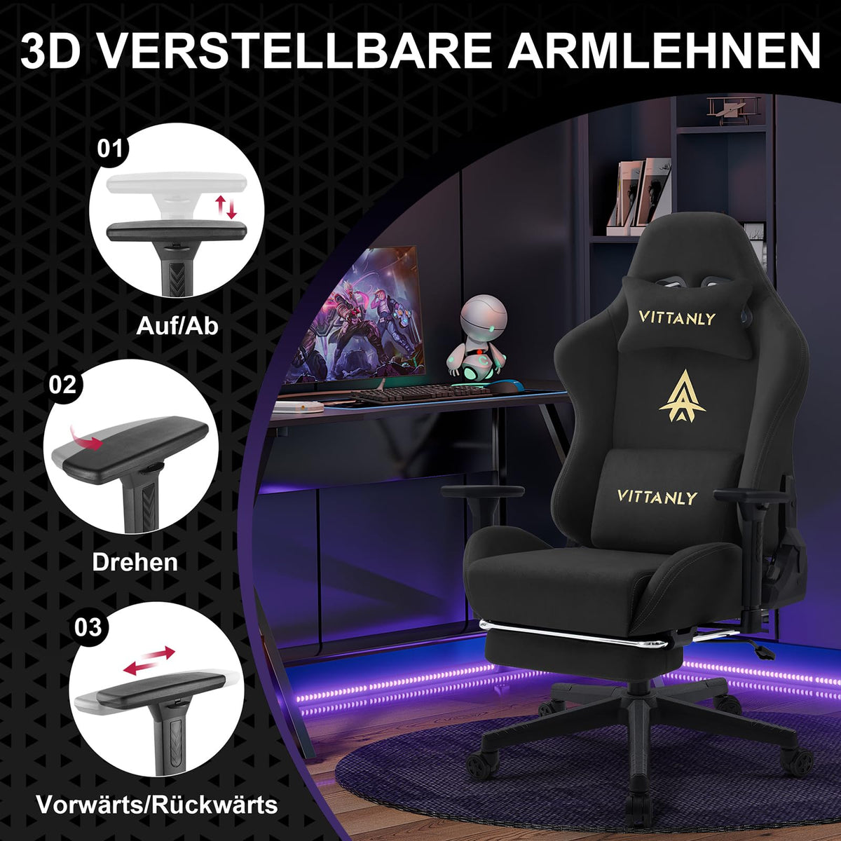 Vittanly Gaming Stuhl, Luxuriöser Wildlederimitat Gaming Chair Bürostuhl, Ergonomischer Schreibtischstuhl mit Fußstütze Kopfstütze und Lendenkissen, 3D Armlehnen, 90-155° Rückenlehne, Weinrot