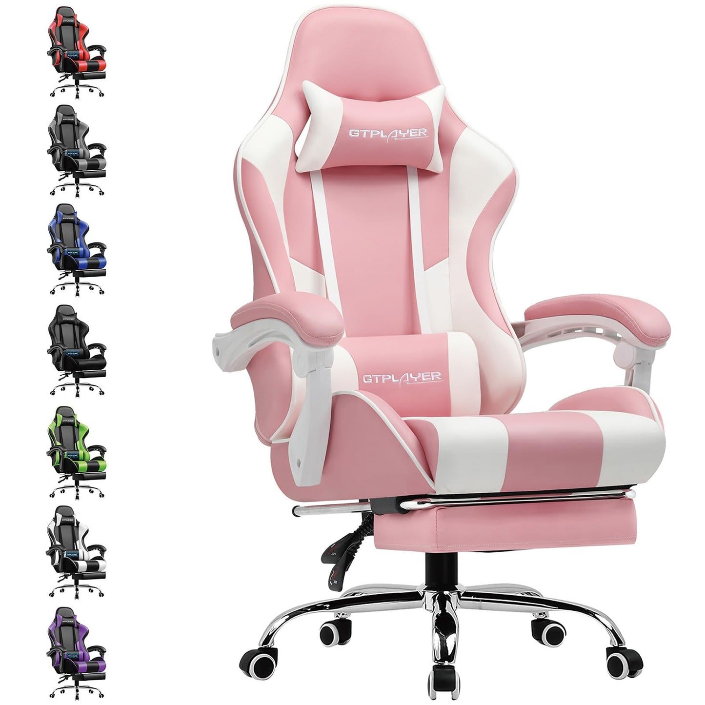 GTPLAYER Gaming Stuhl Bürostuhl Massage Gaming Sessel Ergonomischer Gamer Stuhl mit Fußstütze, Kopfstütze Massage-Lendenkissen, Gepolstert Gaming Chair, Drehsessel, weiß