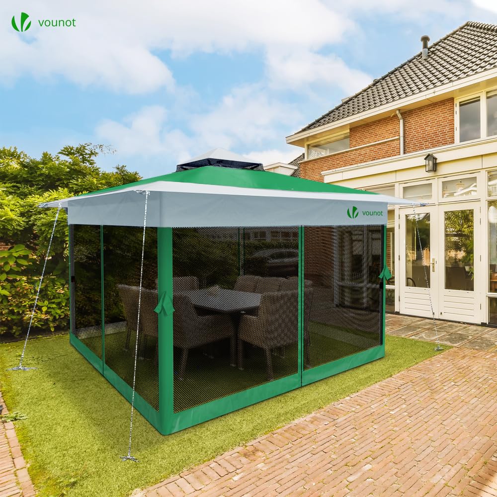 VOUNOT Pavillon Faltbar 3,6x3,6m, Pop Up Partyzelt mit Mesh Sides & Doppeldach, Faltpavillon Stabil mit Bein Gewichte & Roller Bag, Gartenpavillon Gartenzelt Grau