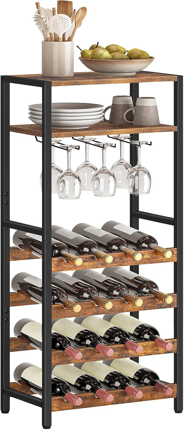 HOOBRO Wine Rack, Bottle Rack for 16 Bottles, Freestanding Wine Stand with Table Top and Wine Glass Holder, Wine Bottle Holder for Kitchen, Bar, Restaurant etc., Bottle Organiser EBF04JJ01