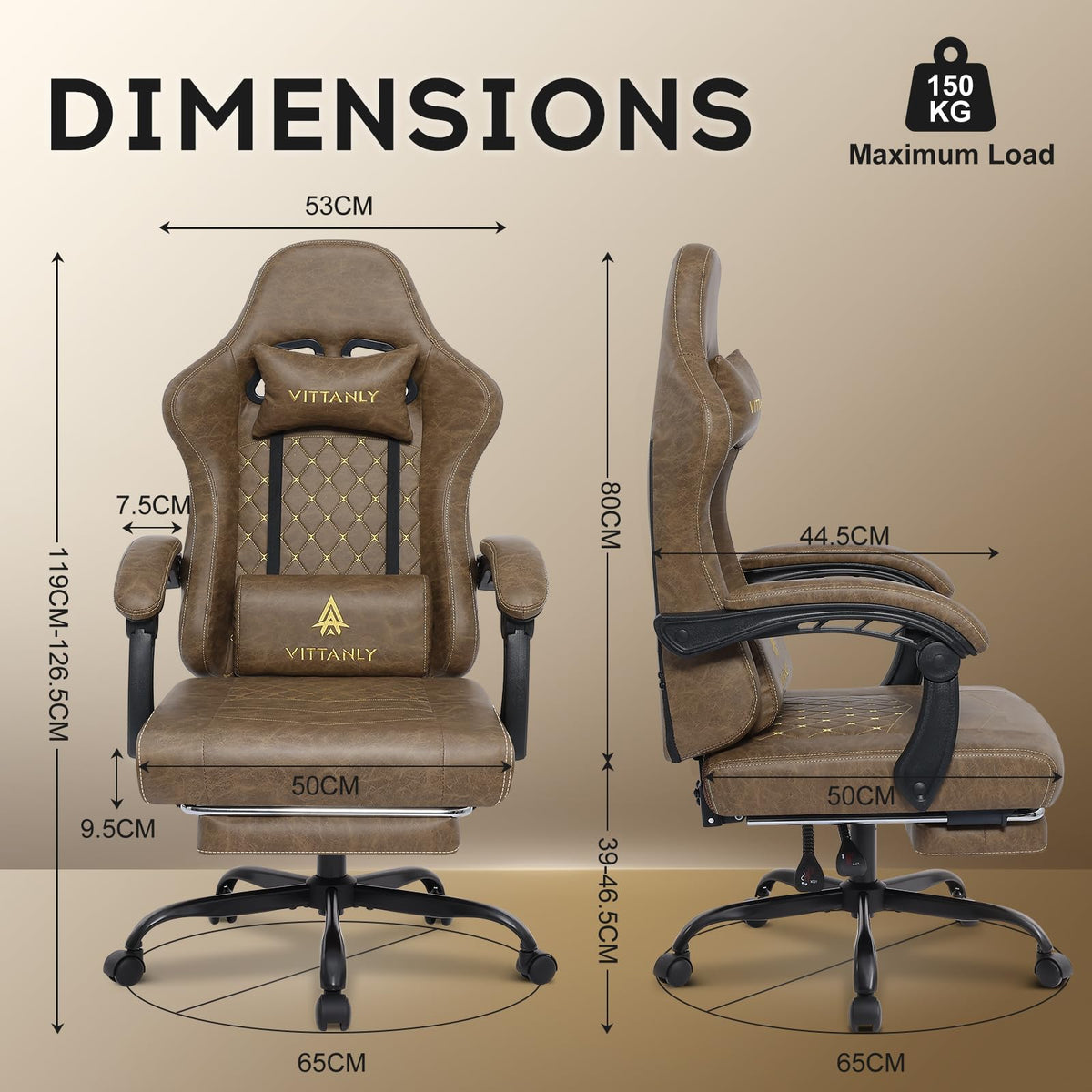 Vittanly Gaming Chair with Spring Cushion, Ergonomic Gaming Chair, Gamer Chair with Headrest, Lumbar Cushion and Footrest, Height-Adjustable Rotating Gaming Chair, Office Chair, 150 kg, Black