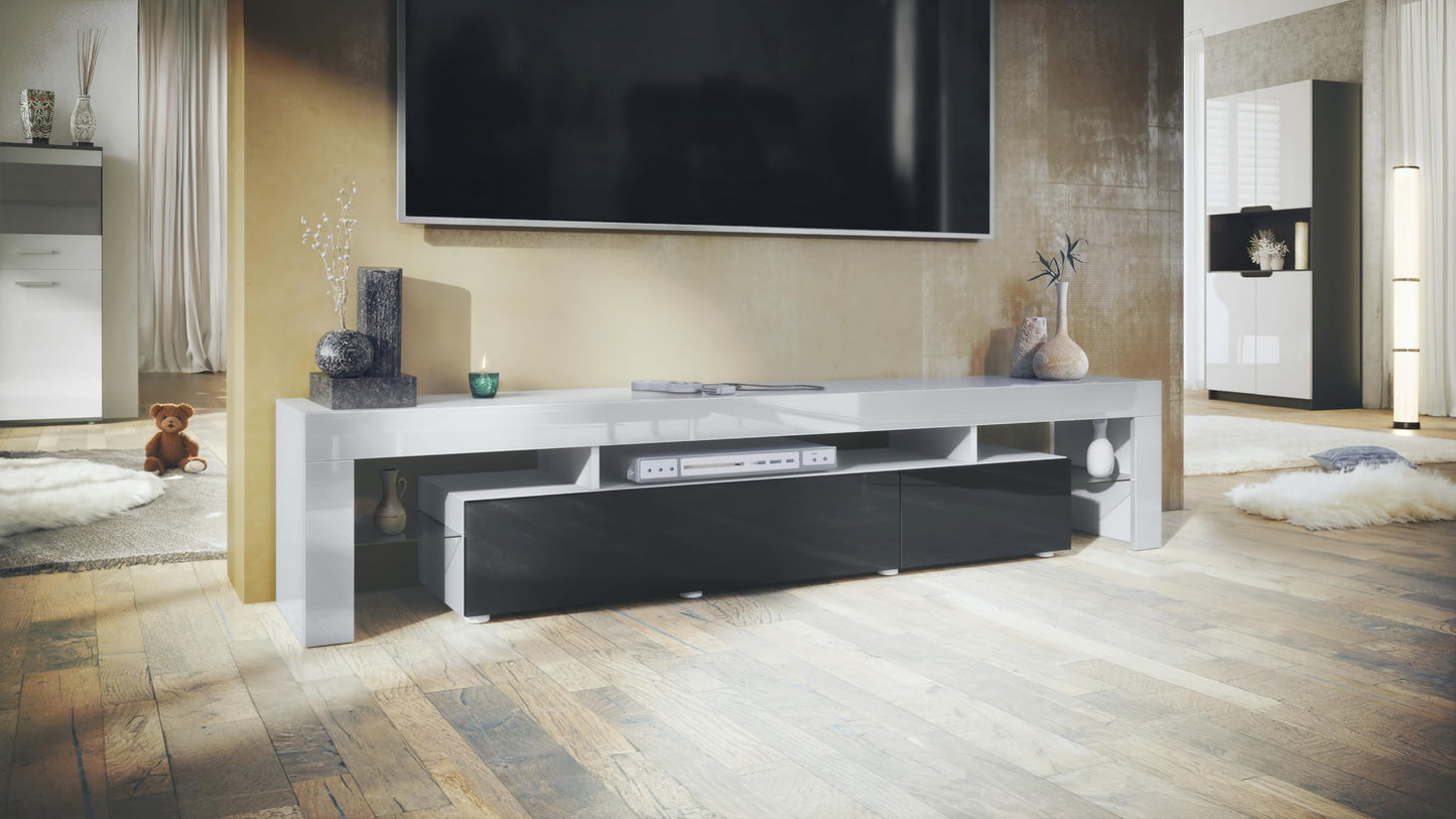 Vladon TV Stand Unit Lima V2, Carcass in White/Front in Black High Gloss